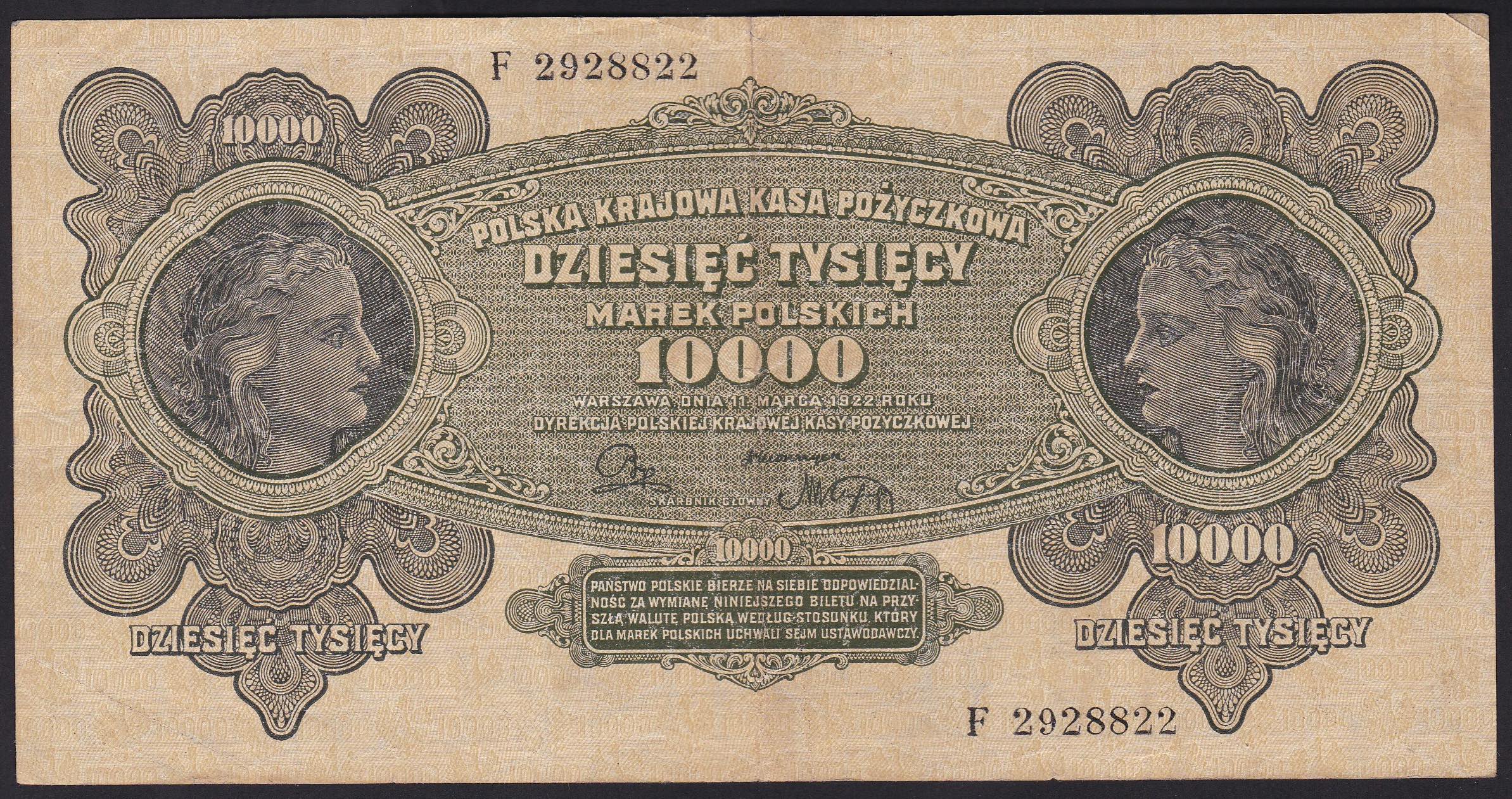 Polen. 1922 . 10000 Marek . Ser F