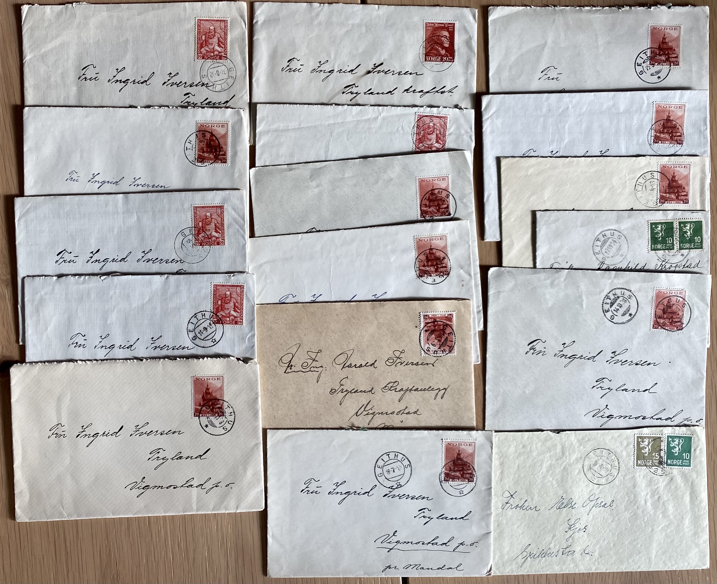 15 Brev Stemplet Geithus Ca. År 1934-1943