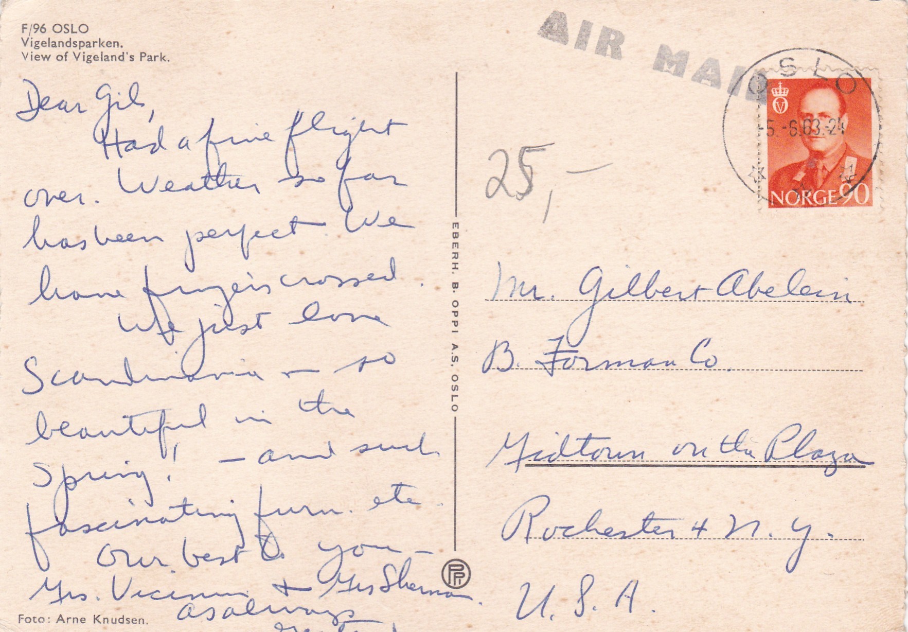 Kort stp OSLO 15-6-63 ( NK 468) air mail til USA