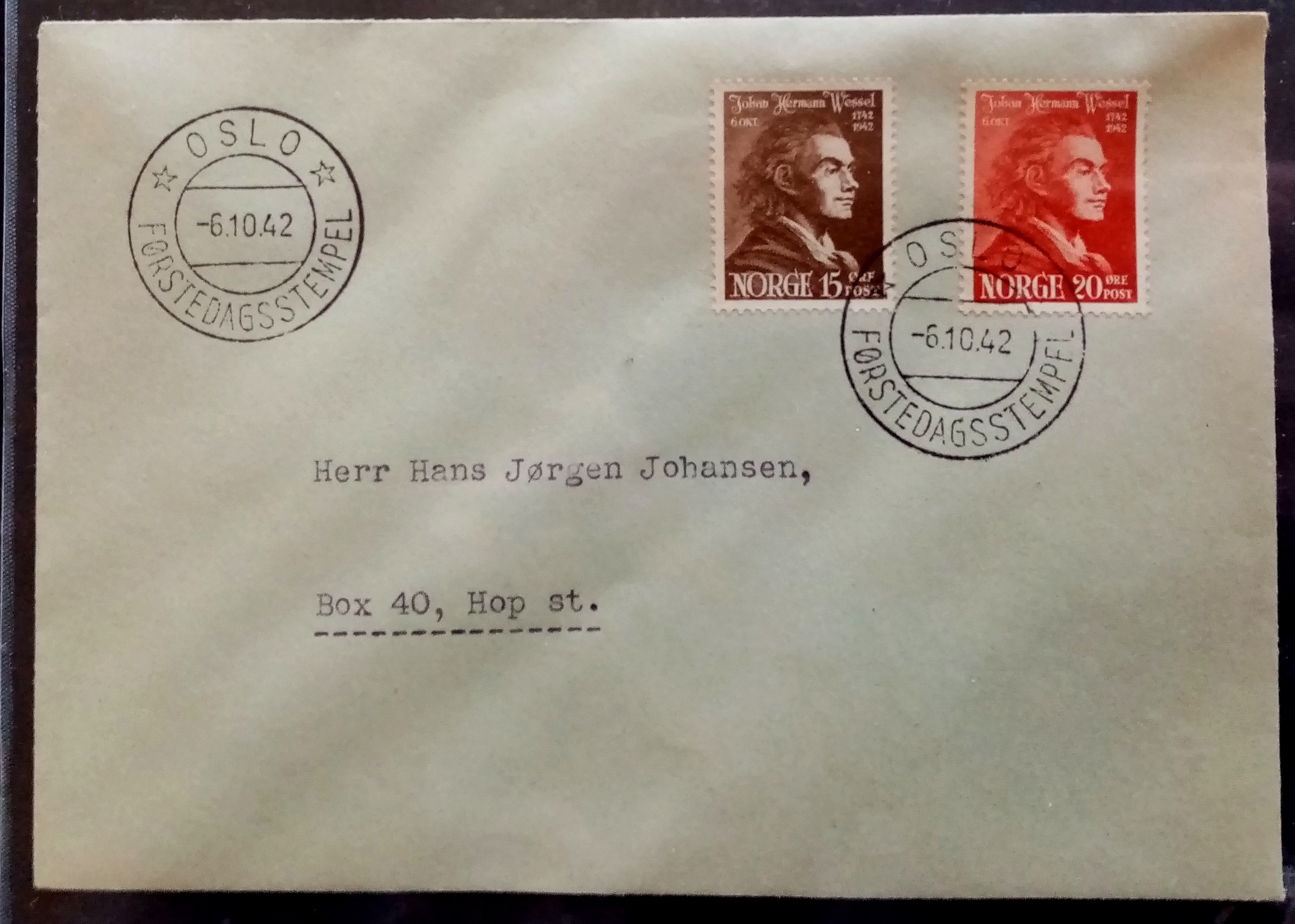 Norge - FDC - 307 - 08. Wessel. (OSLO. 6.10.42)