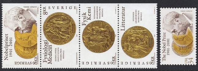 Sverige Afa: 2160-63 + USA merke - Nobel **