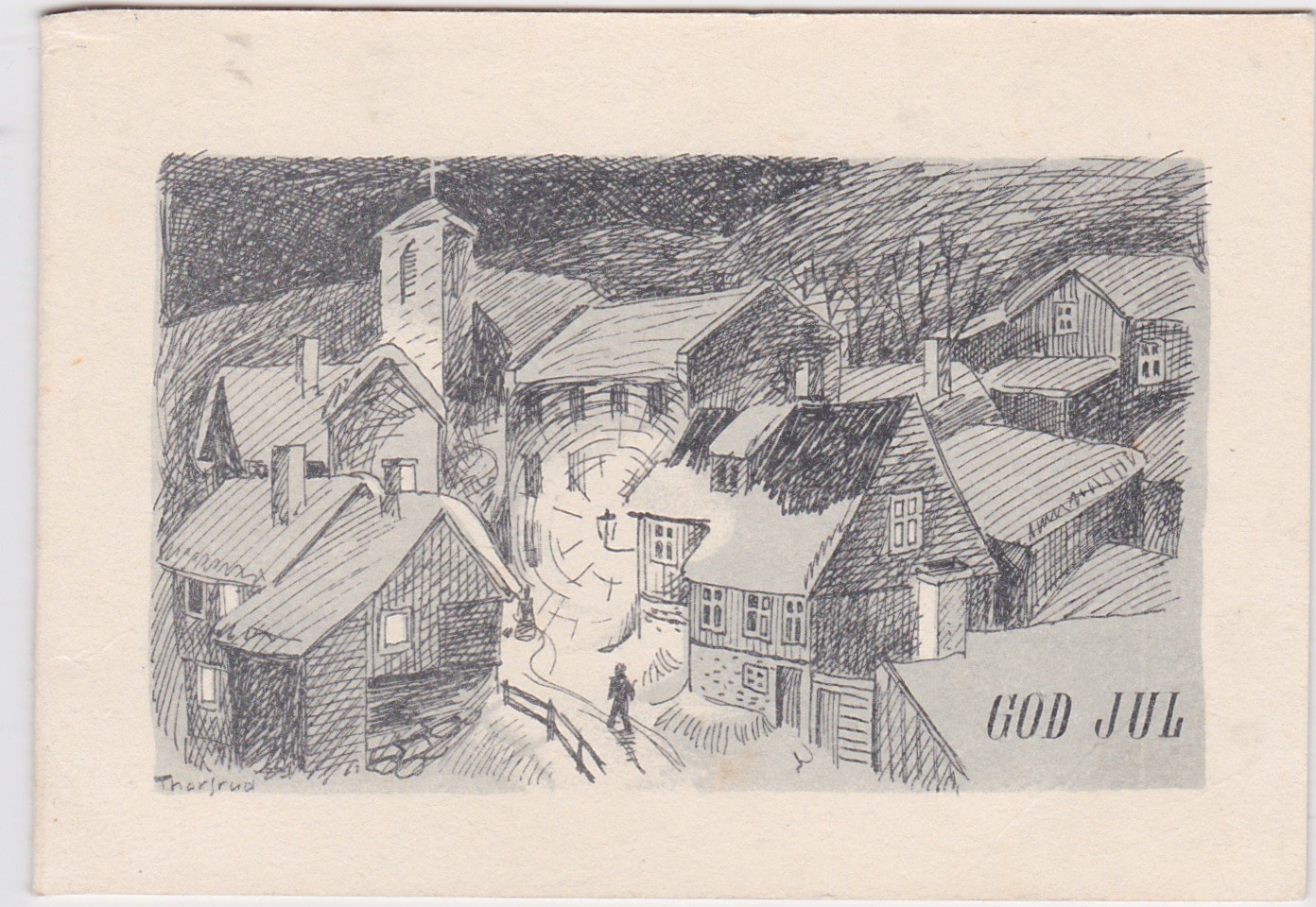 Jørgen Thorsrud-Vintermotiv Bymiljø i en liten by med kirke-Dobbeltkort-Motiv 8x11,5 cm-Meget pent