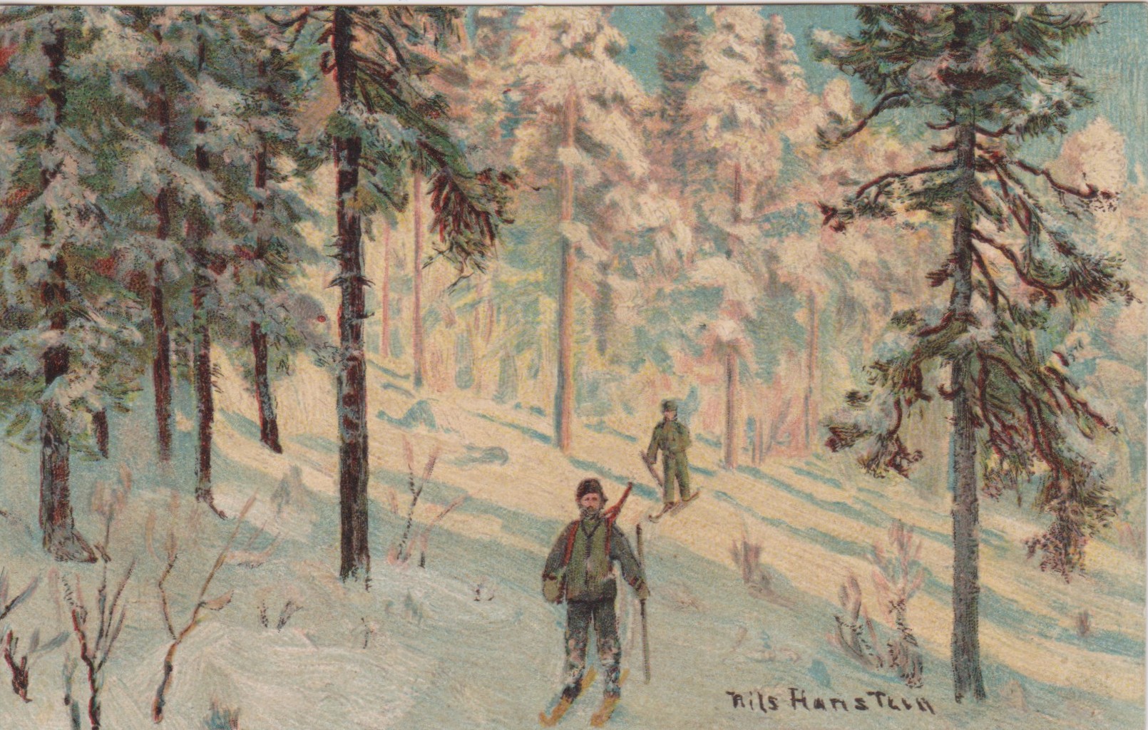 Nils Hansten.  Jegere i skogen.
