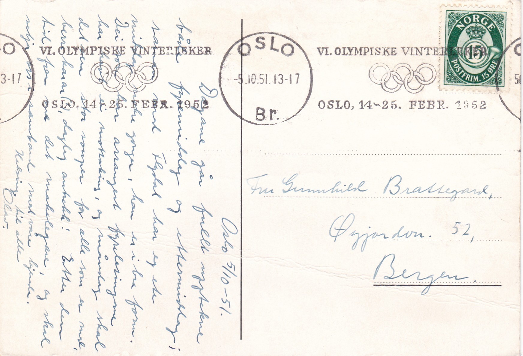 Kort maskinstp: OSLO Br VI. Olympiske Vinterleker 5.10.51 ( 51/14)