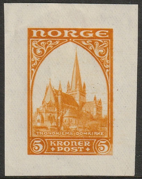 TRONDHJEM DOMKIRKE - PRØVETRYKK 5 KRONER MED SVAK HENGSLEREST