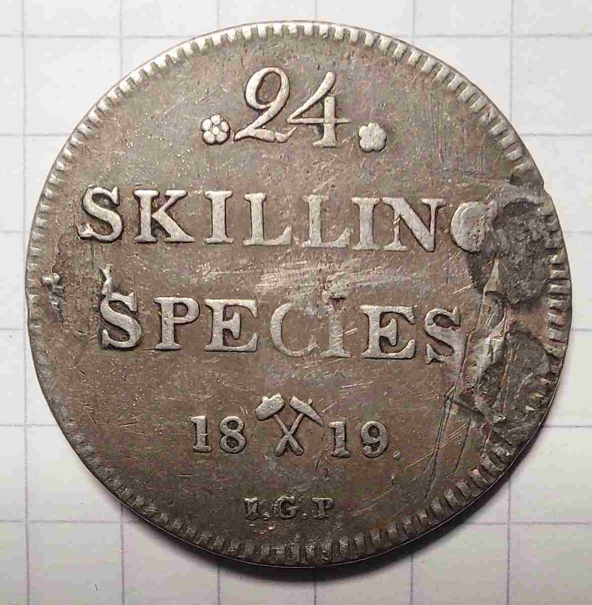 24 skilling 1819 sølv. Kv. 1/1+ (anhengsmerker)