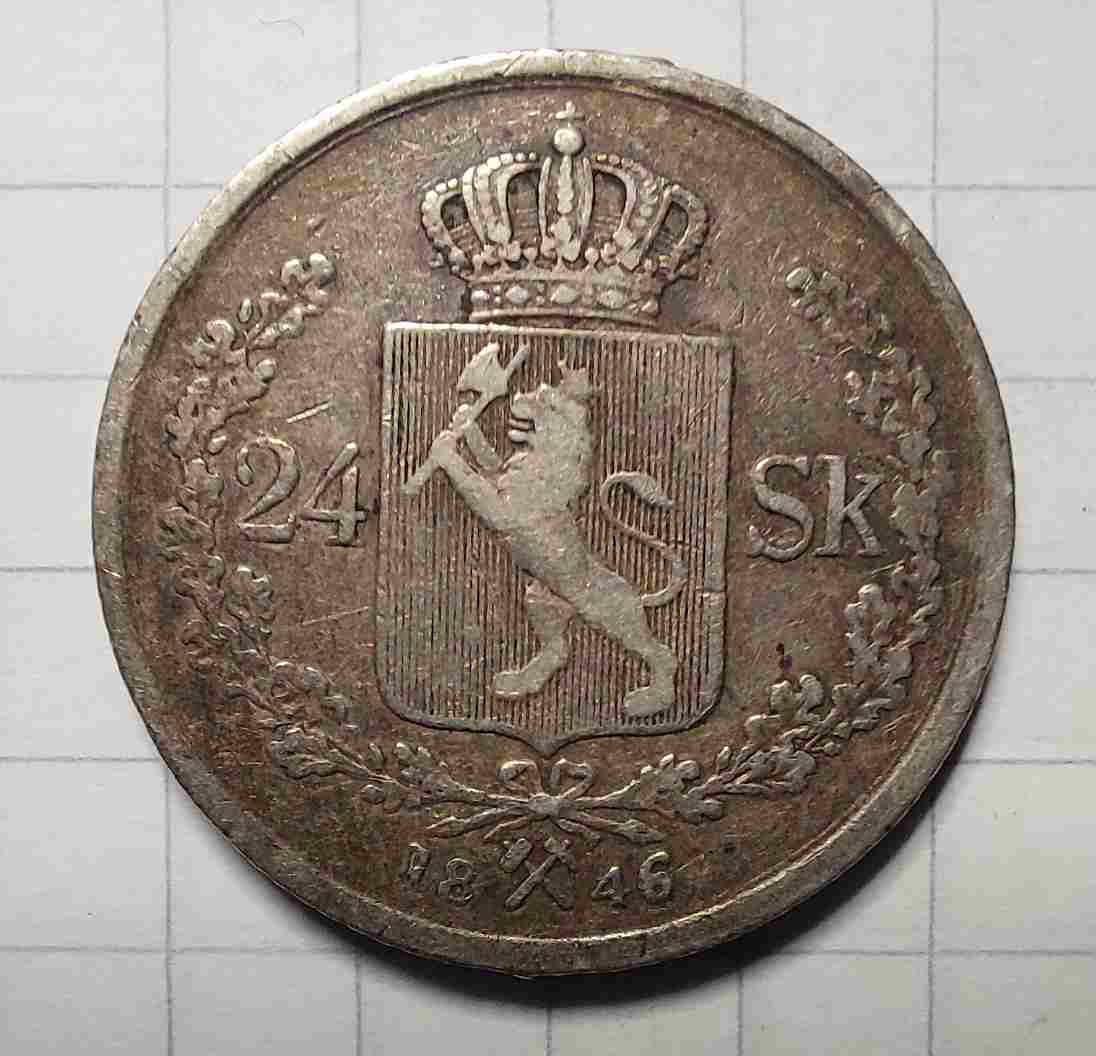 24 skilling 1846 sølv. Kv. 1/1+ (ripe)
