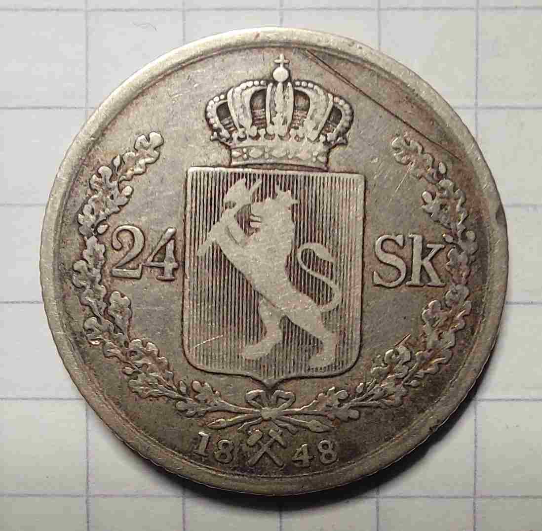24 skilling 1848 sølv. Kv. 1 (ripe)