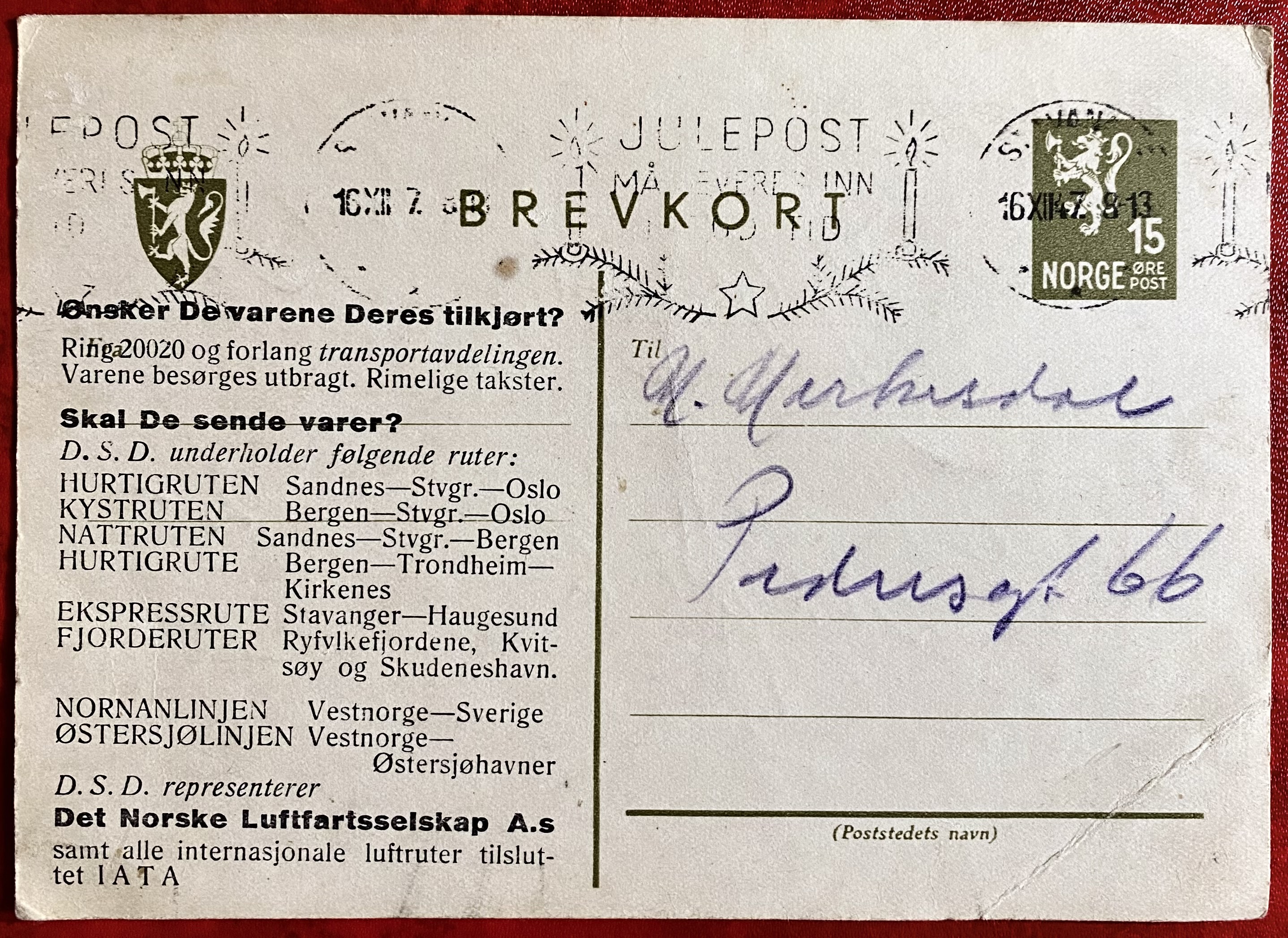 Brevkort St Stavanger 16 XII 47 Ryfylkekaien Stavangerske Dampskibsselskab