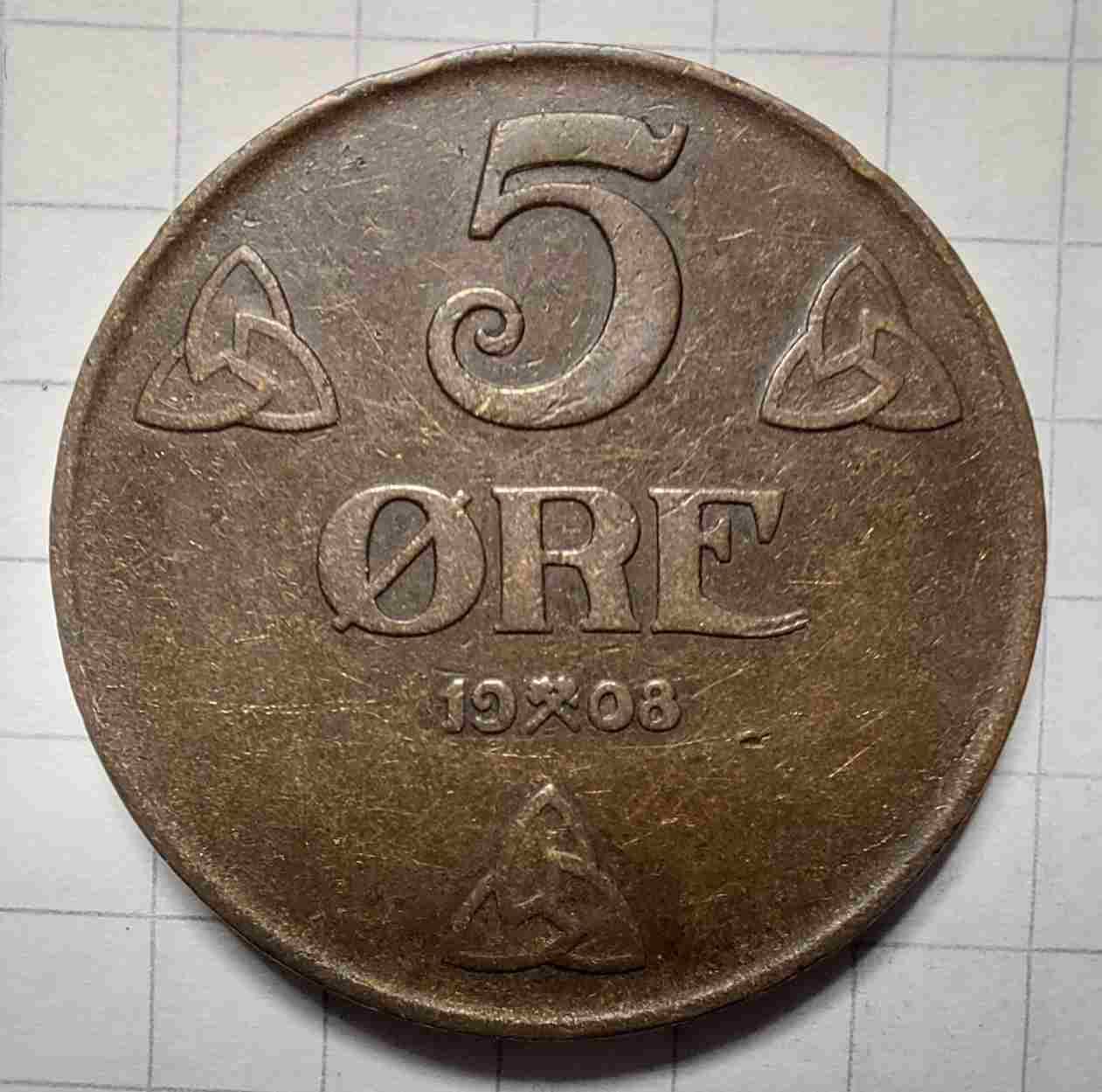 5 øre 1908. Kv. 1+