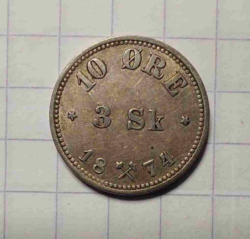 10 øre / 3 skilling 1874 sølv. Kv. 1+