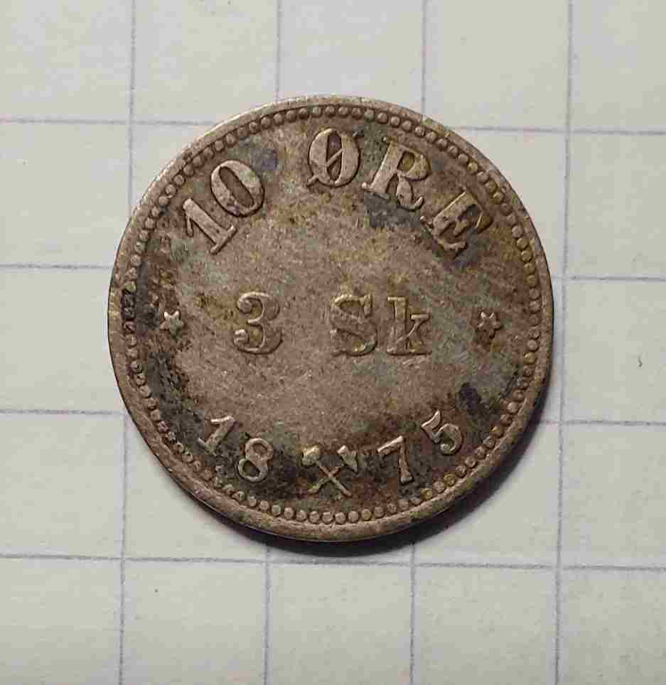 10 øre / 3 skilling 1875 sølv. Kv. 1