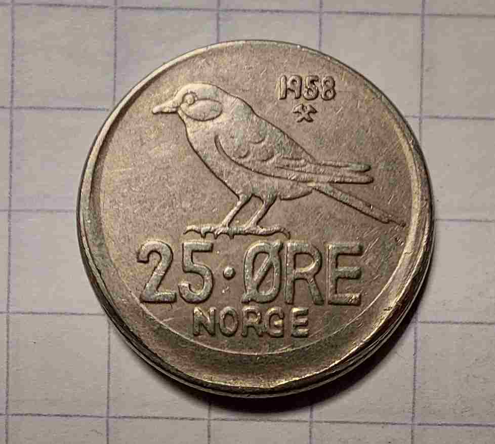 25 øre 1958 skjevt preget. Kv. 1+