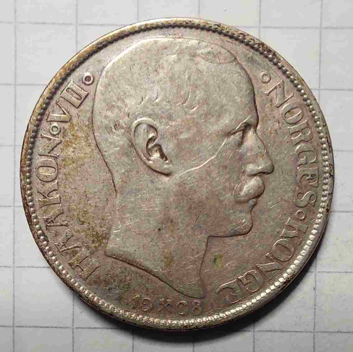 1 krone 1908 myntmerket ikke på plate, sølv. Kv. 1+