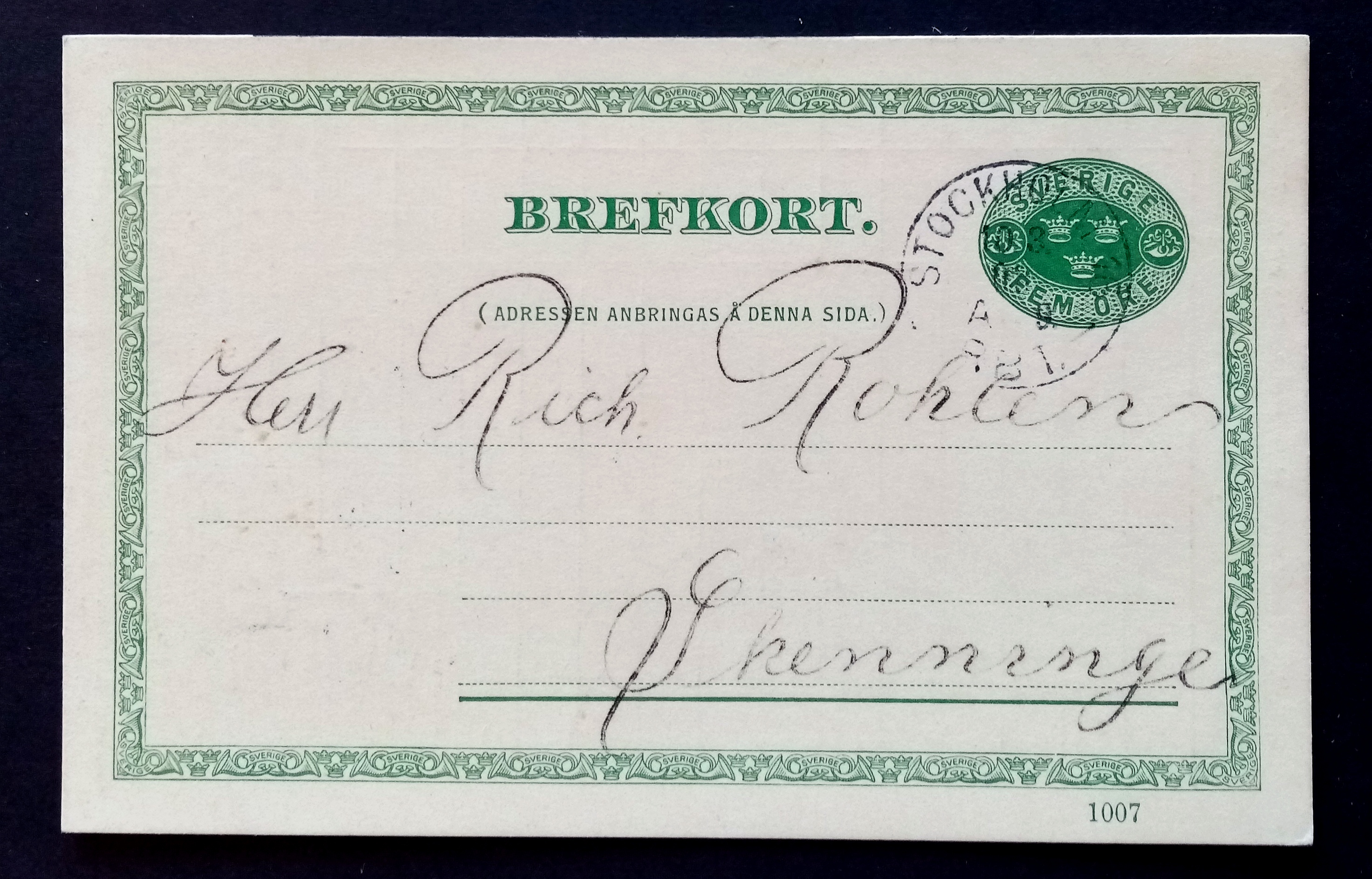 Sverige - BREFKORT - Datert : Stockholm. 2.1. 1908.