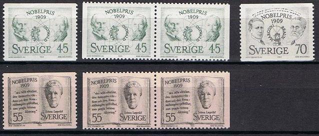 Sverige Afa: 668-70 + 2 par - Nobelprisvinnere 1909 **