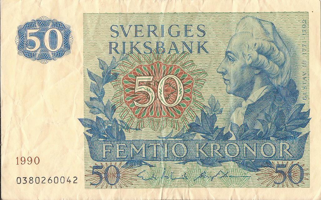 Pengeseddel - 50 kronor Sveriges riksbank 1990