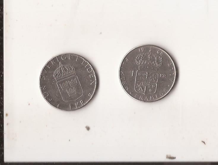2 stk - 1 kronor Svenske  1977 - 1968