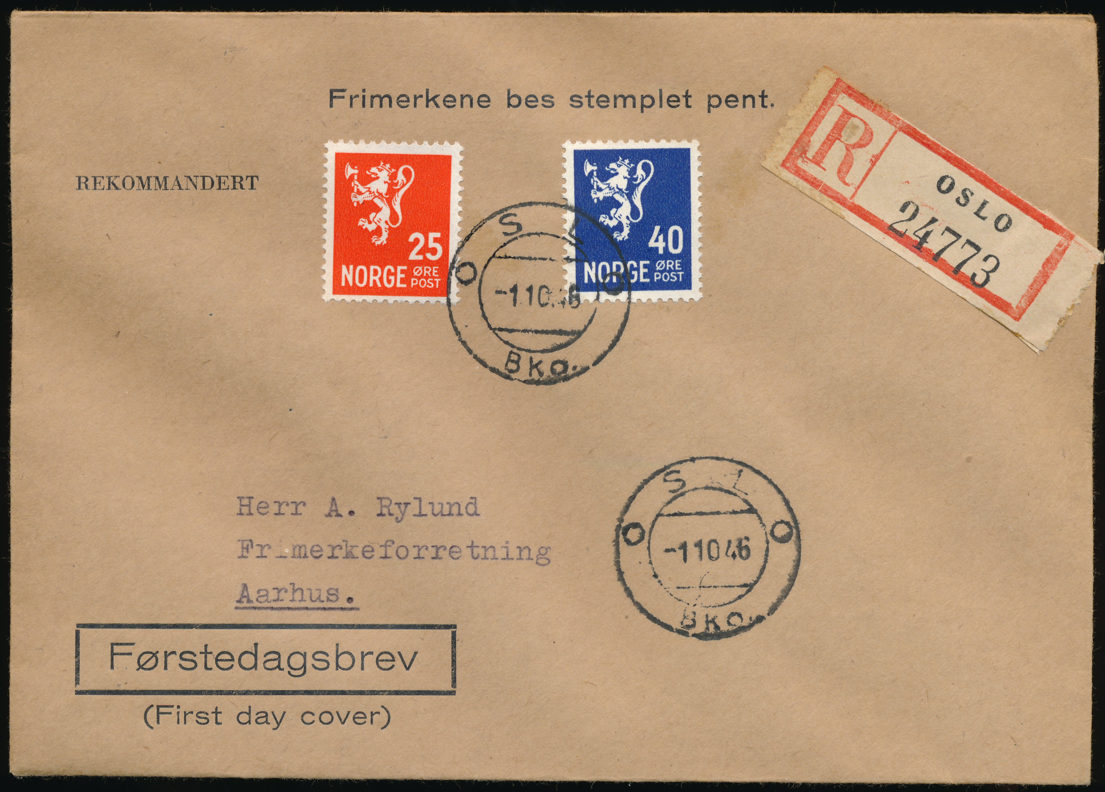 FDC 1946 NK354-NK356 tekstvignett 1 Oslo REK