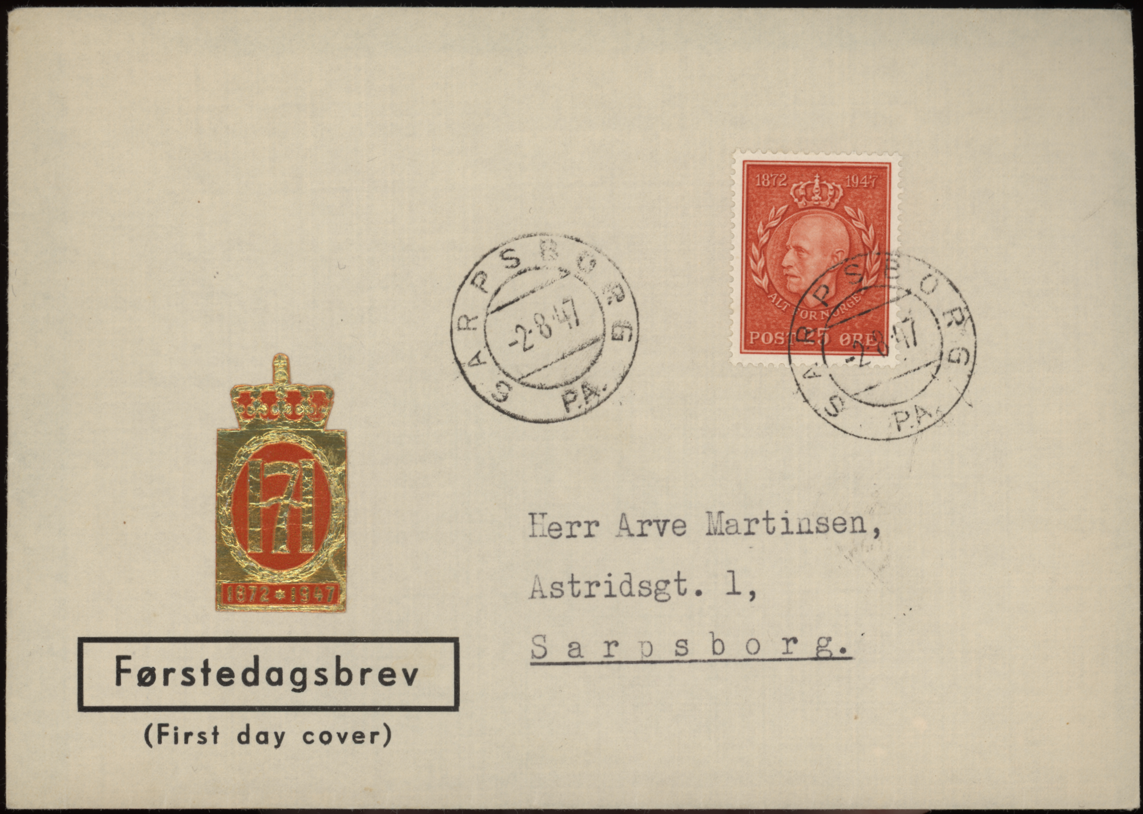 FDC 1947 NK371 tekstvignett 2 Sarpsborg