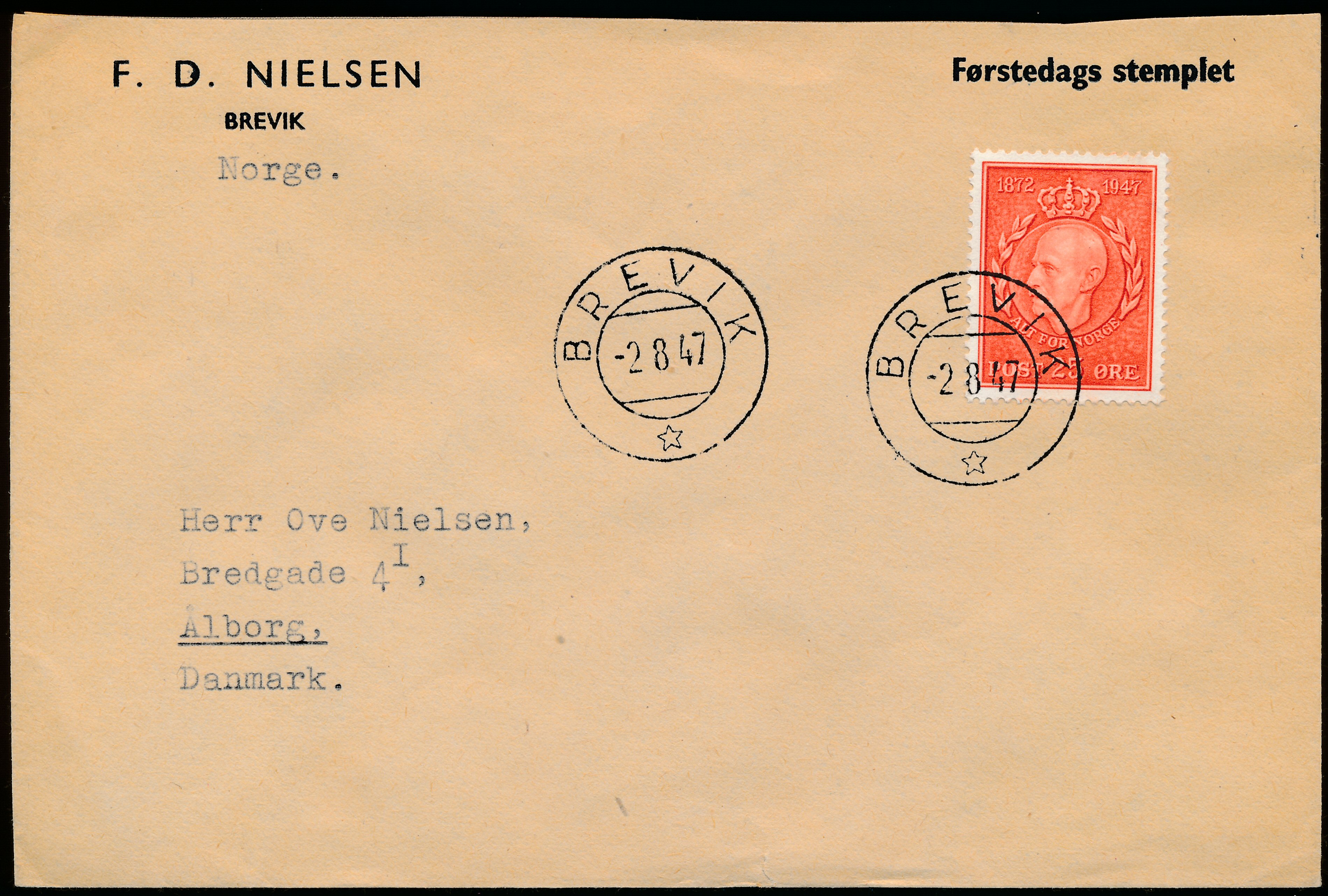 FDC 1947 NK371 tekstvignett 3 Brevik