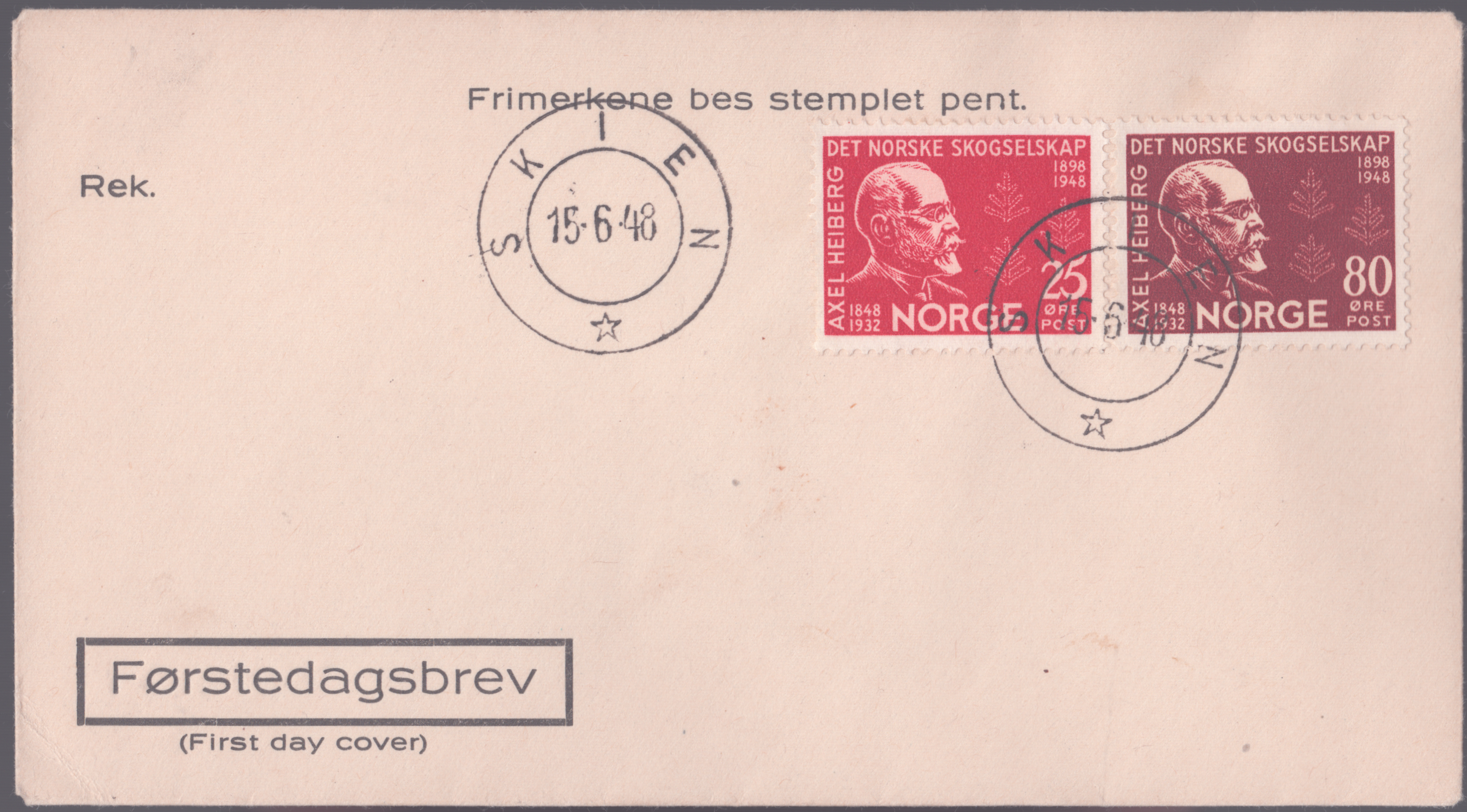FDC 1948 NK372-NK373 tekstvignett 3 Skien