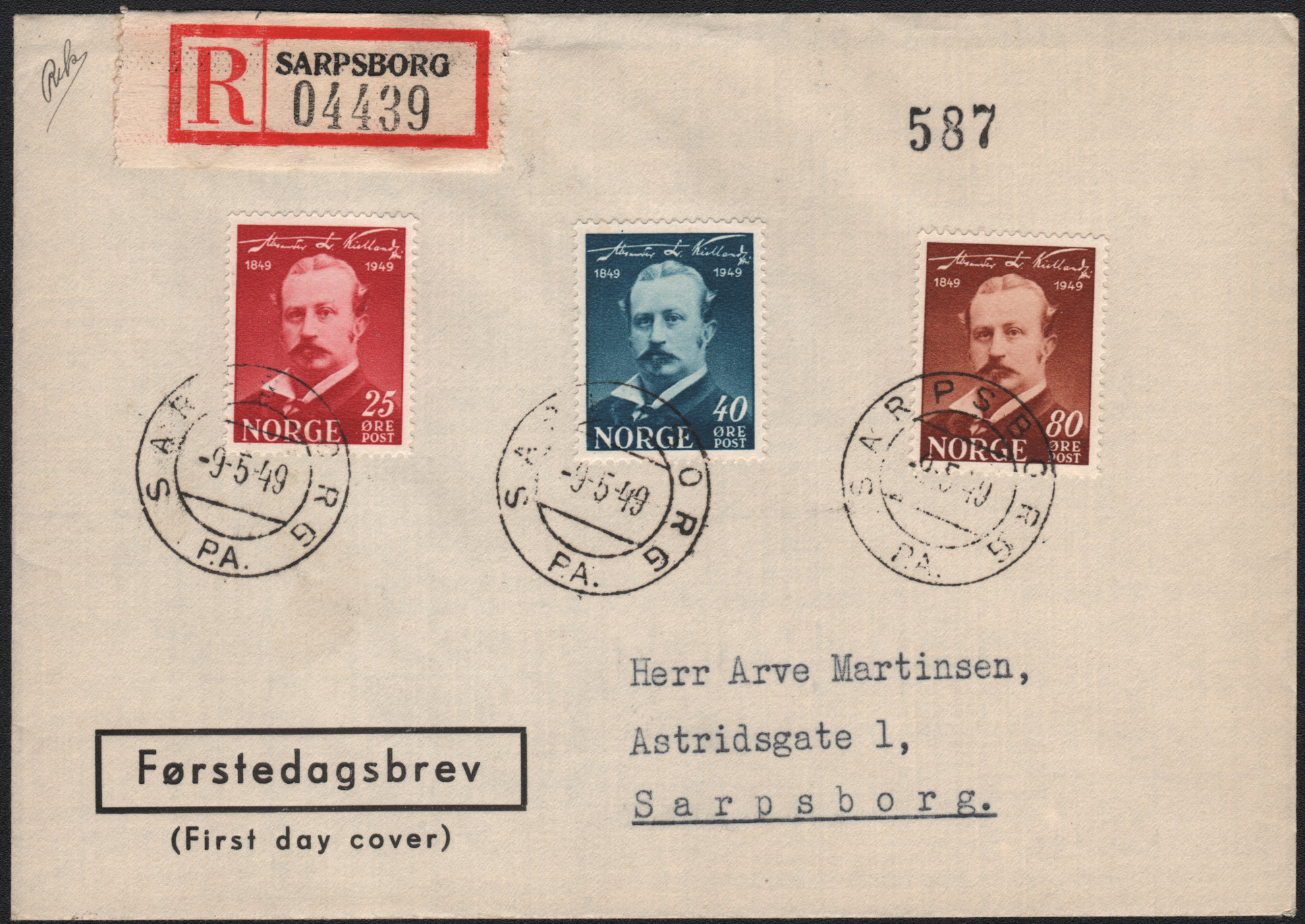 FDC 1949 NK377-NK379 tekstvignett 4 Sarpsborg REK