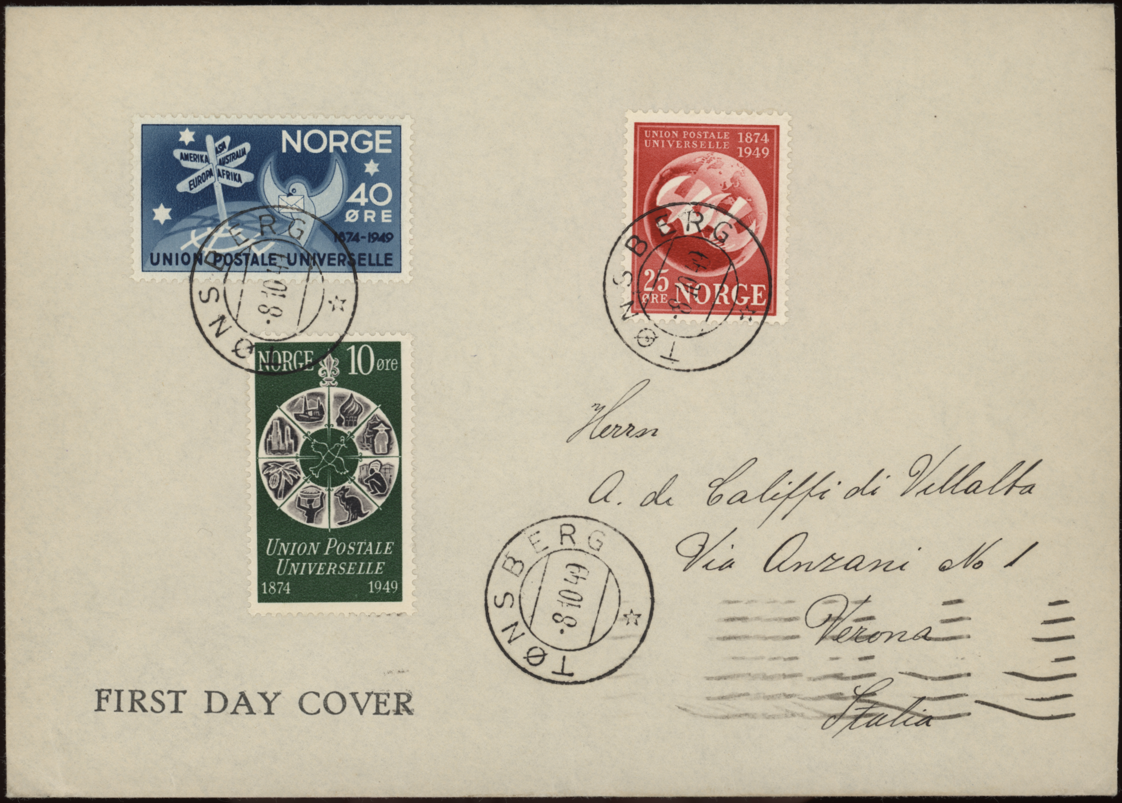 FDC 1949 NK380-NK382 stempelvignett 14 Tønsberg