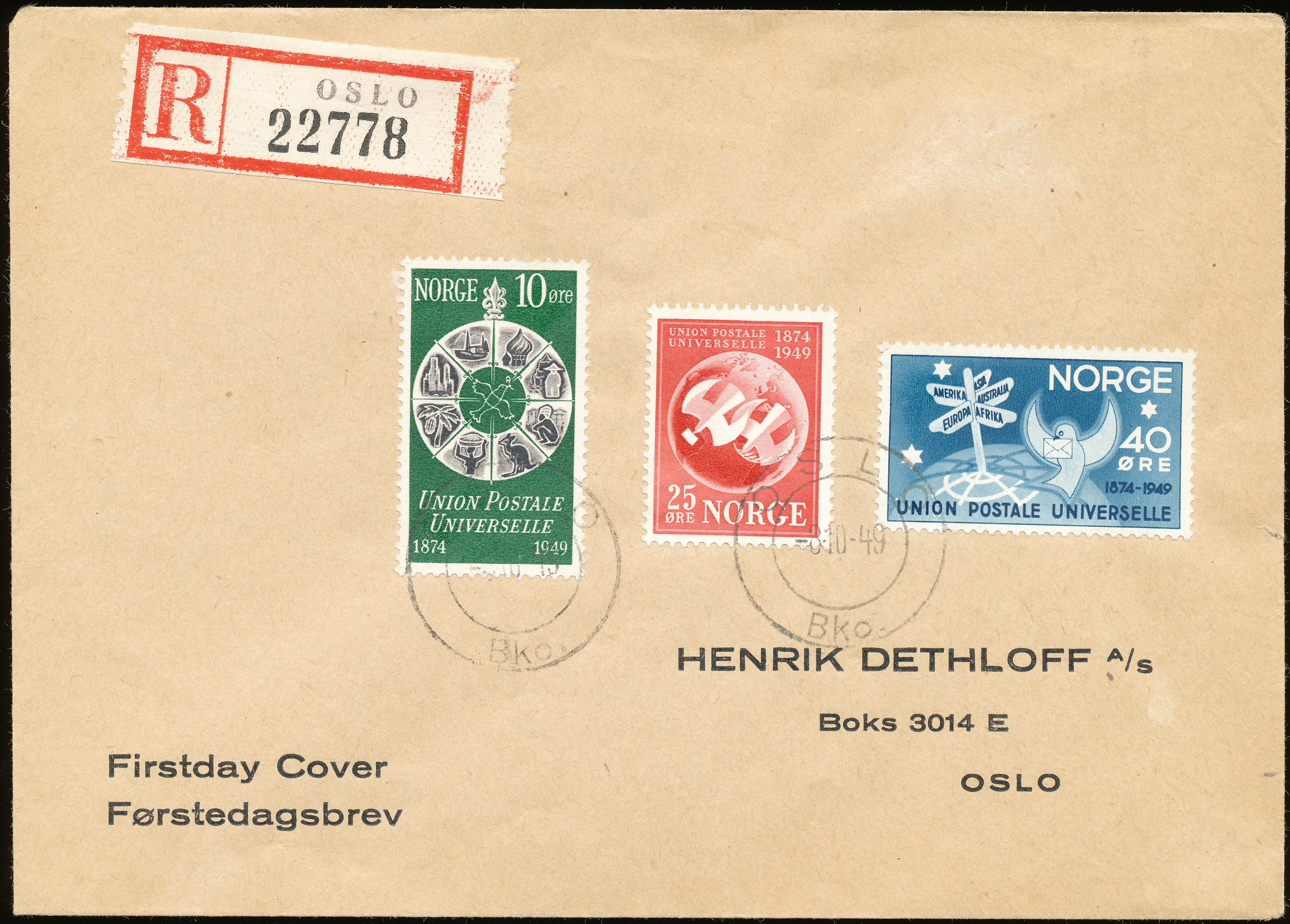 FDC 1949 NK380-NK382 tekstvignett 1 Oslo REK