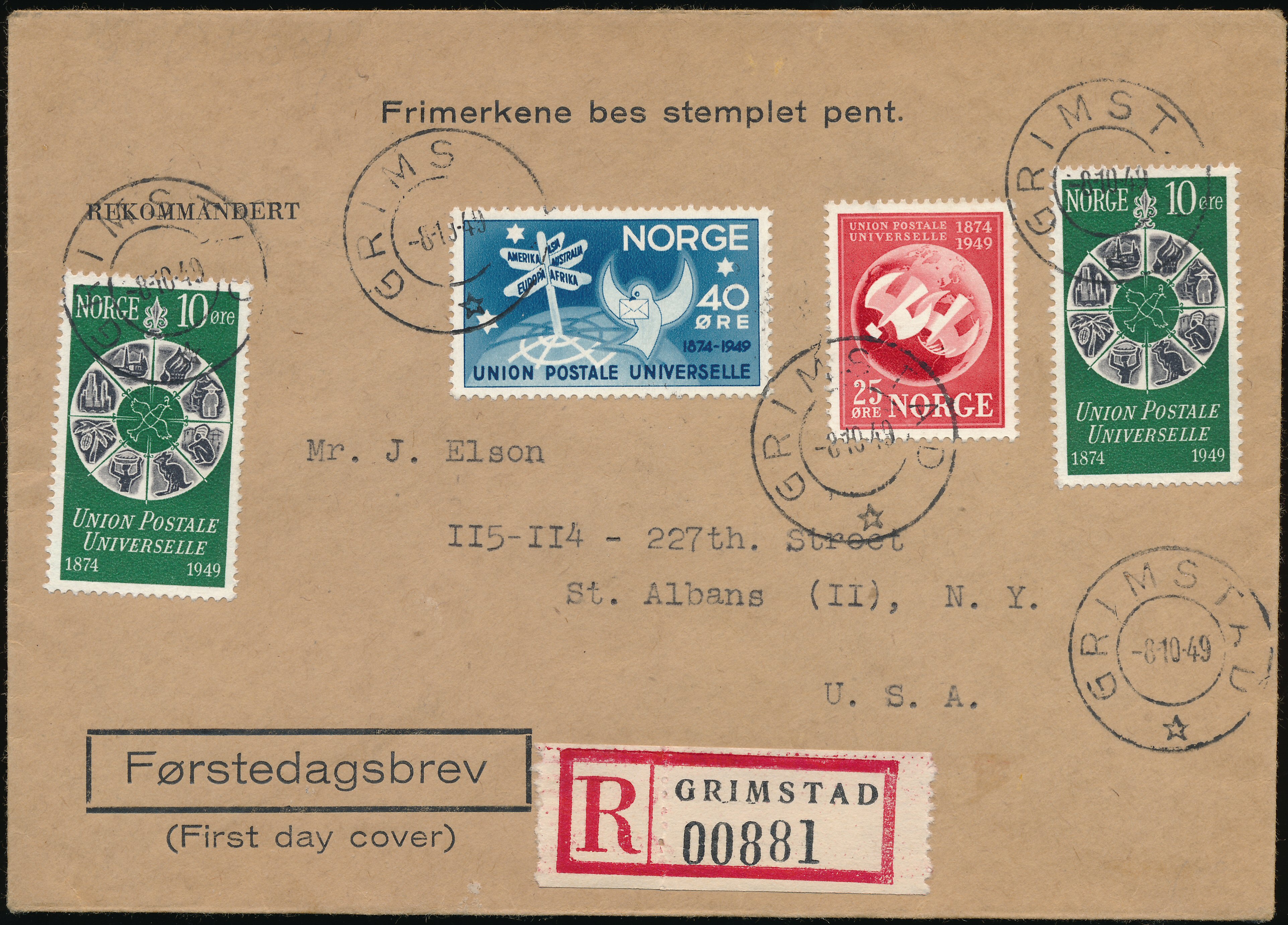 FDC 1949 NK380-NK382 tekstvignett 2 Grimstad REK