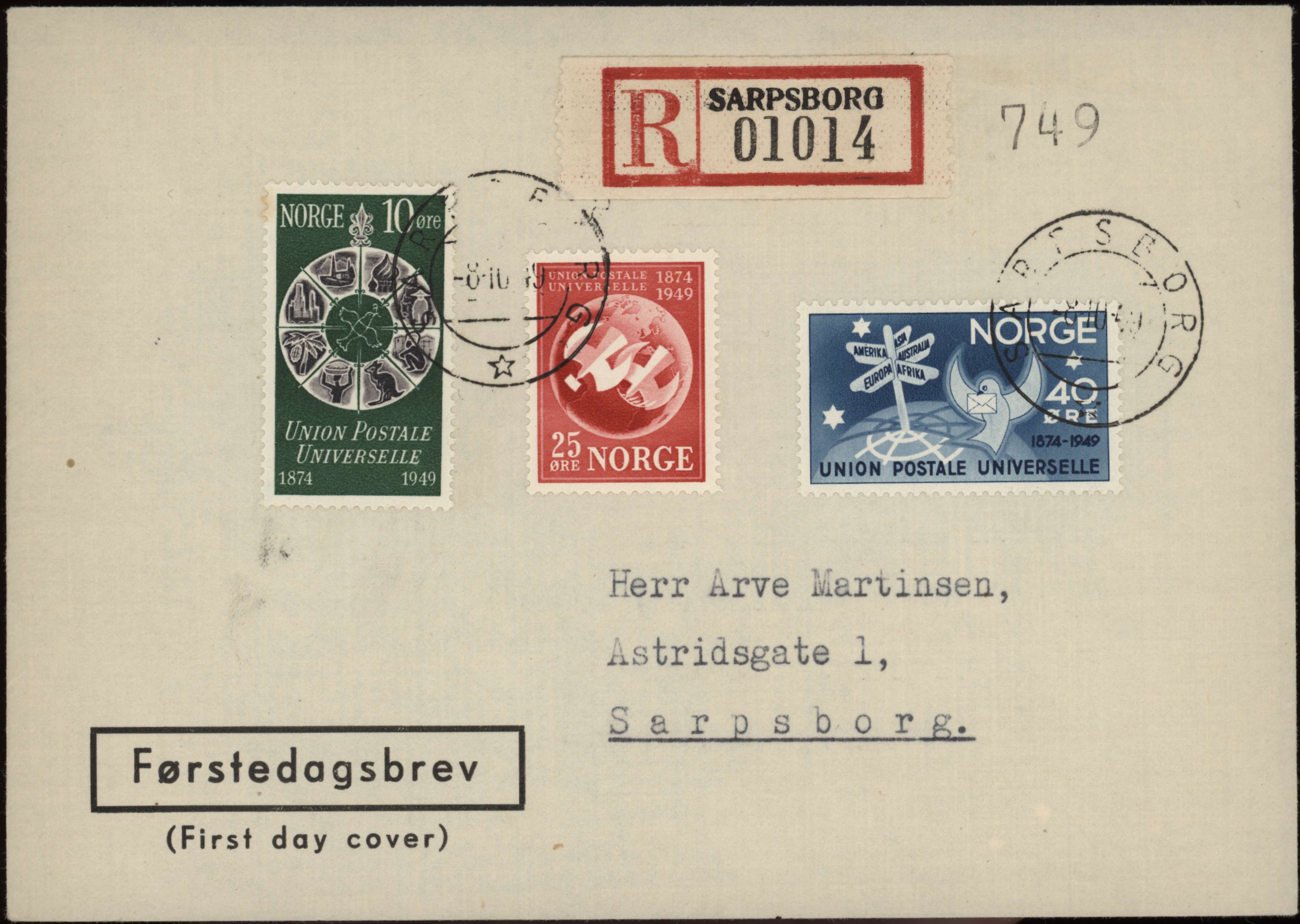 FDC 1949 NK380-NK382 tekstvignett 3 Sarpsborg REK