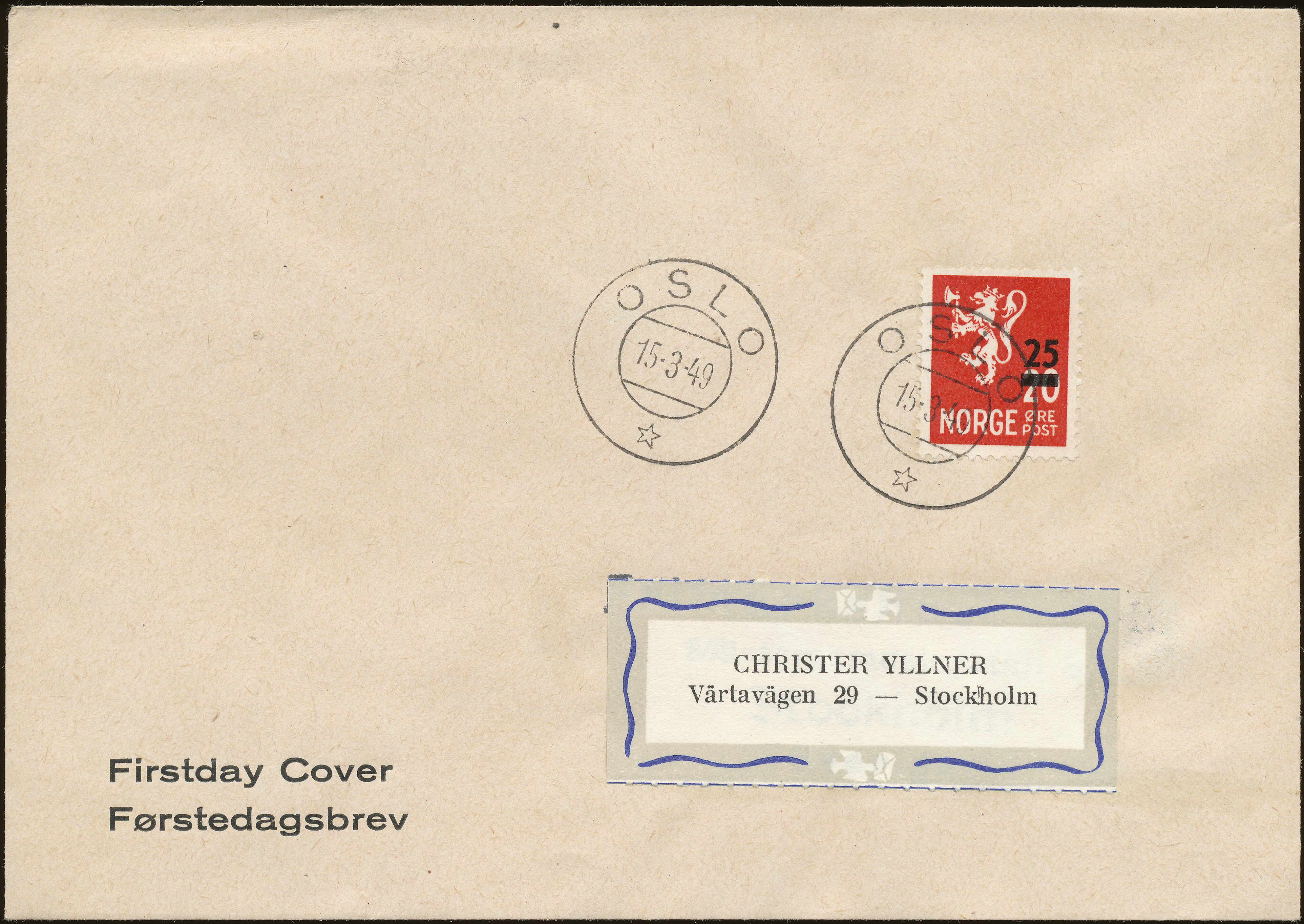 FDC 1949 NK375 tekstvignett 1 Oslo