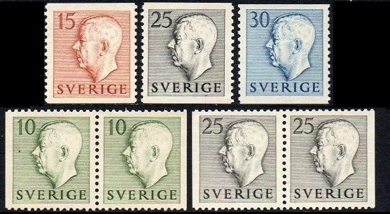 Sverige Afa: 365+366+368+369+2 par Kong GustaVI Adolf **
