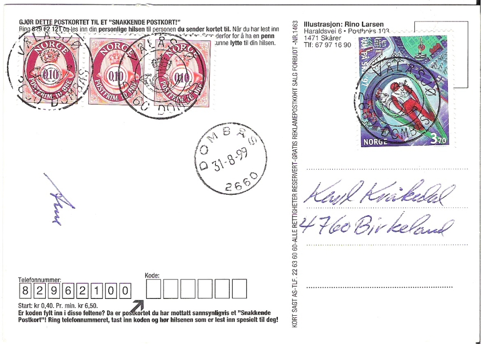 NK 1291, KPH Vålåsjø Dombås 31.8.99 på kort (SK: 20)