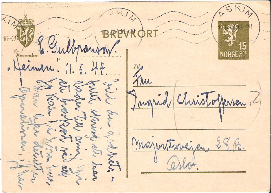 Brevkort 15 øre, Askim 1944