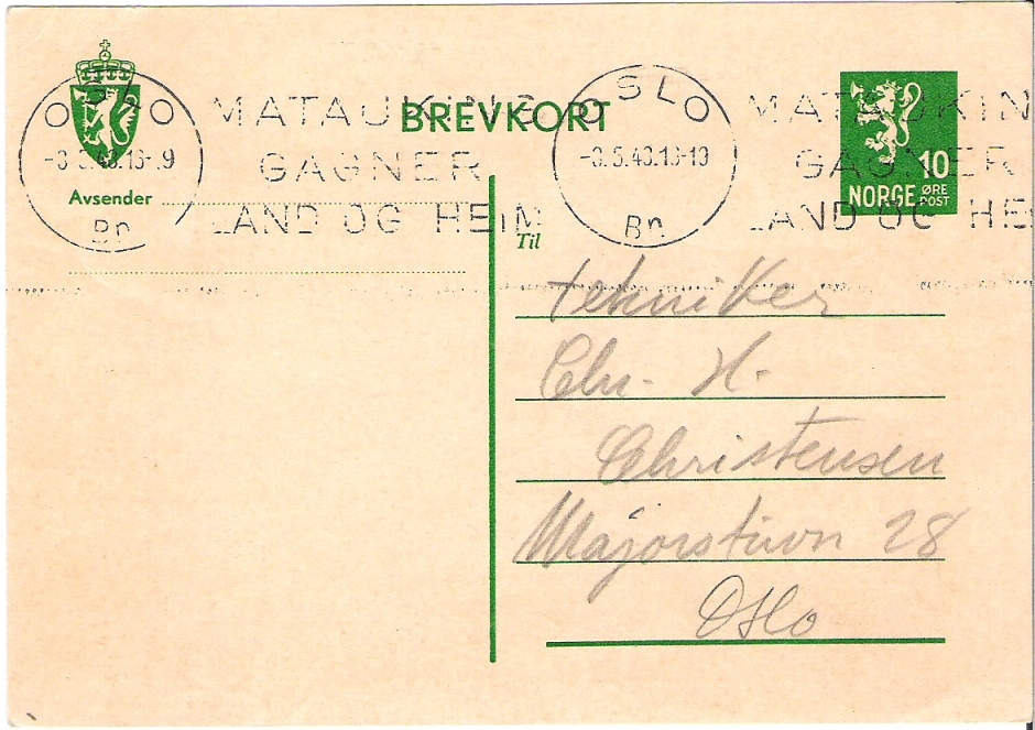 Brevkort 10 øre, Oslo 1943