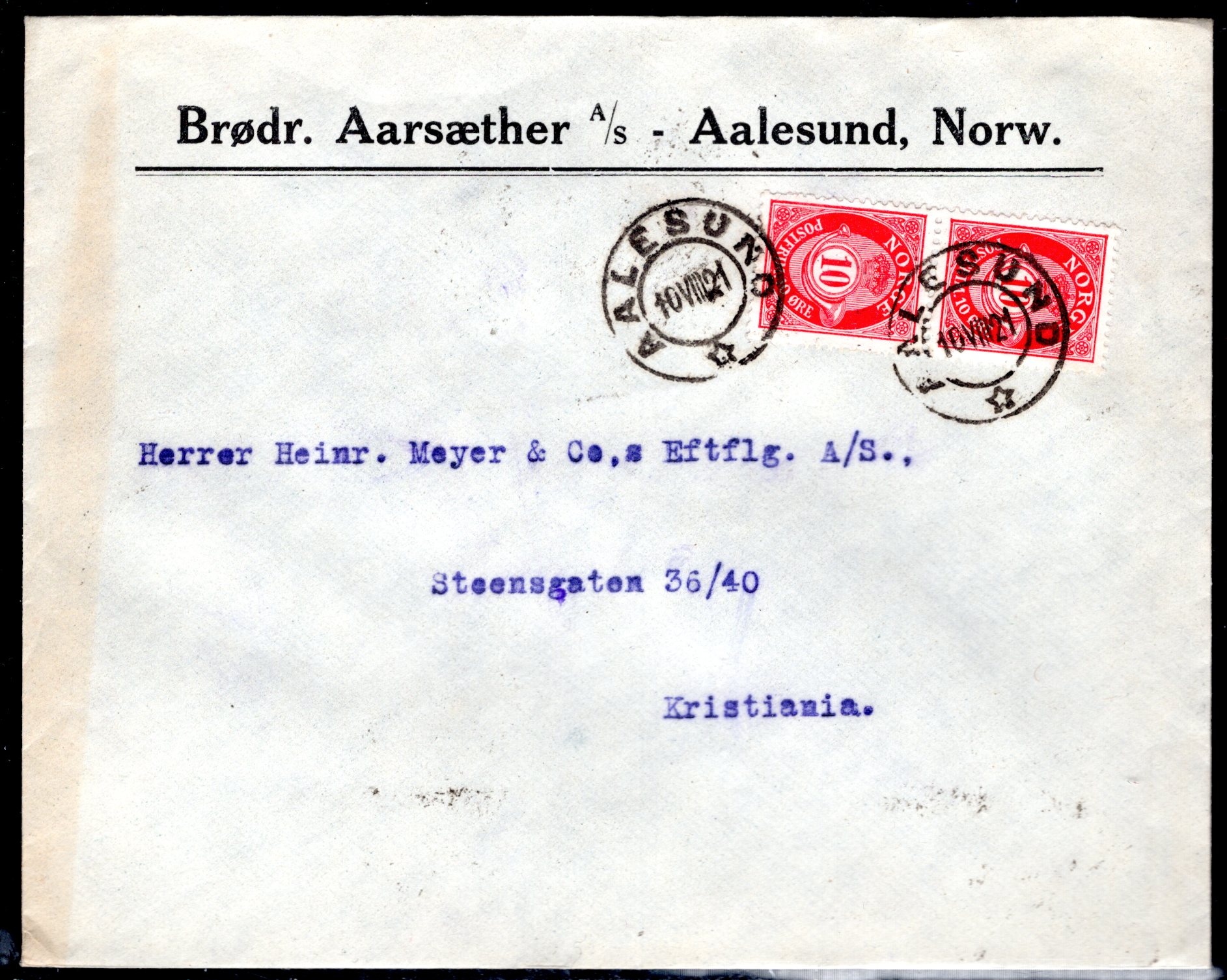 Firmabrev stemplet Aalesund 1921/ankst Kristiania se scan