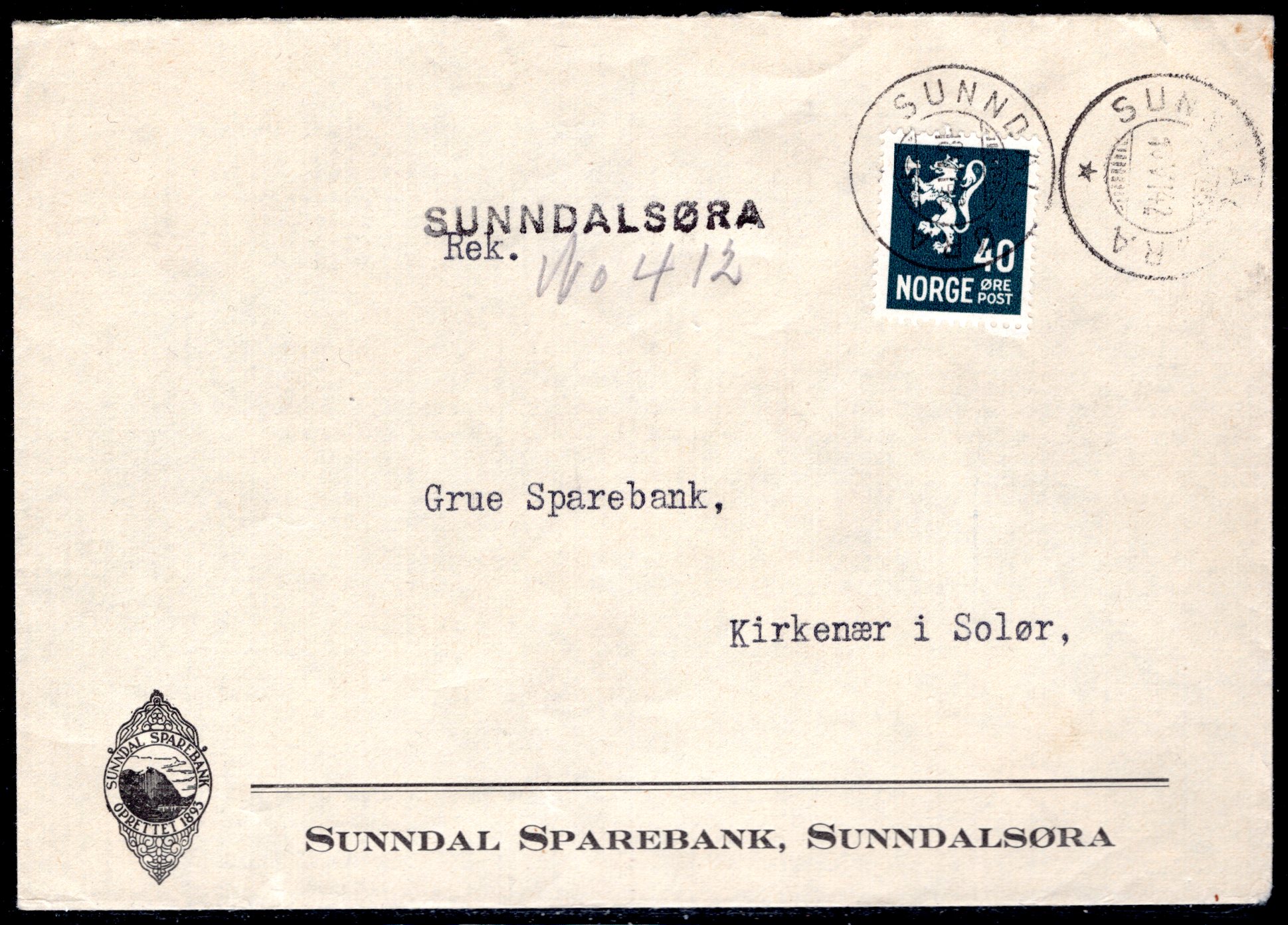 Firmabrev stemplet Sunndalsøra 1942 se scan