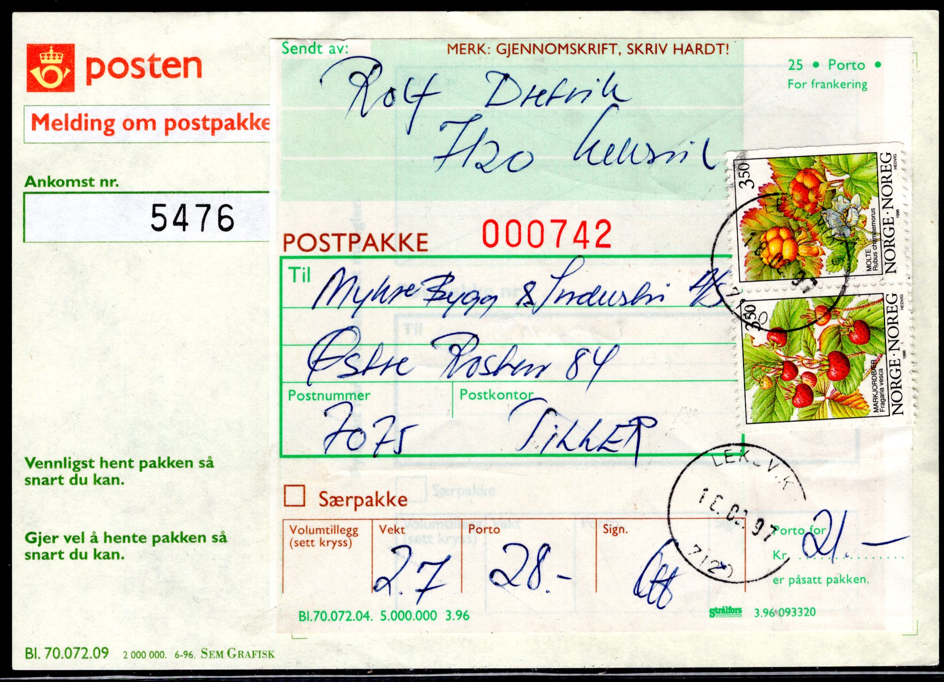 Følgebrev stemplet Leksvik 1997 ankst Tiller 4 og 8 se scan