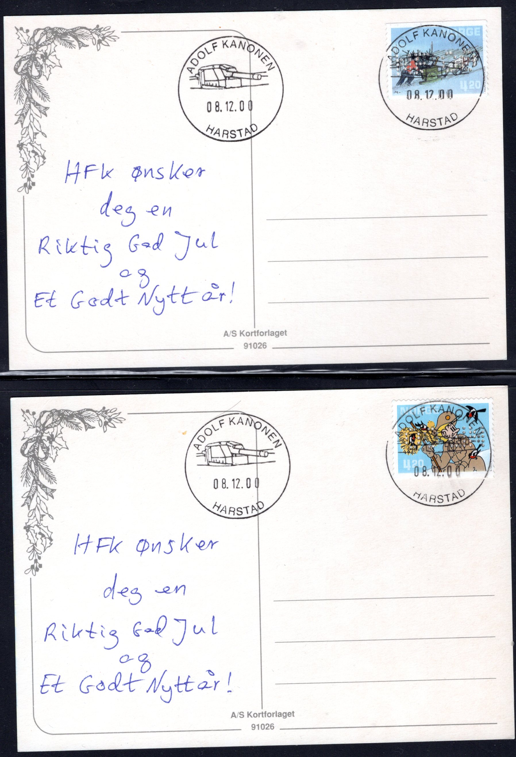 2 kort med NK 1406-07 m/perfin pent st Adolf Kanonern Harstad 2000 se scan