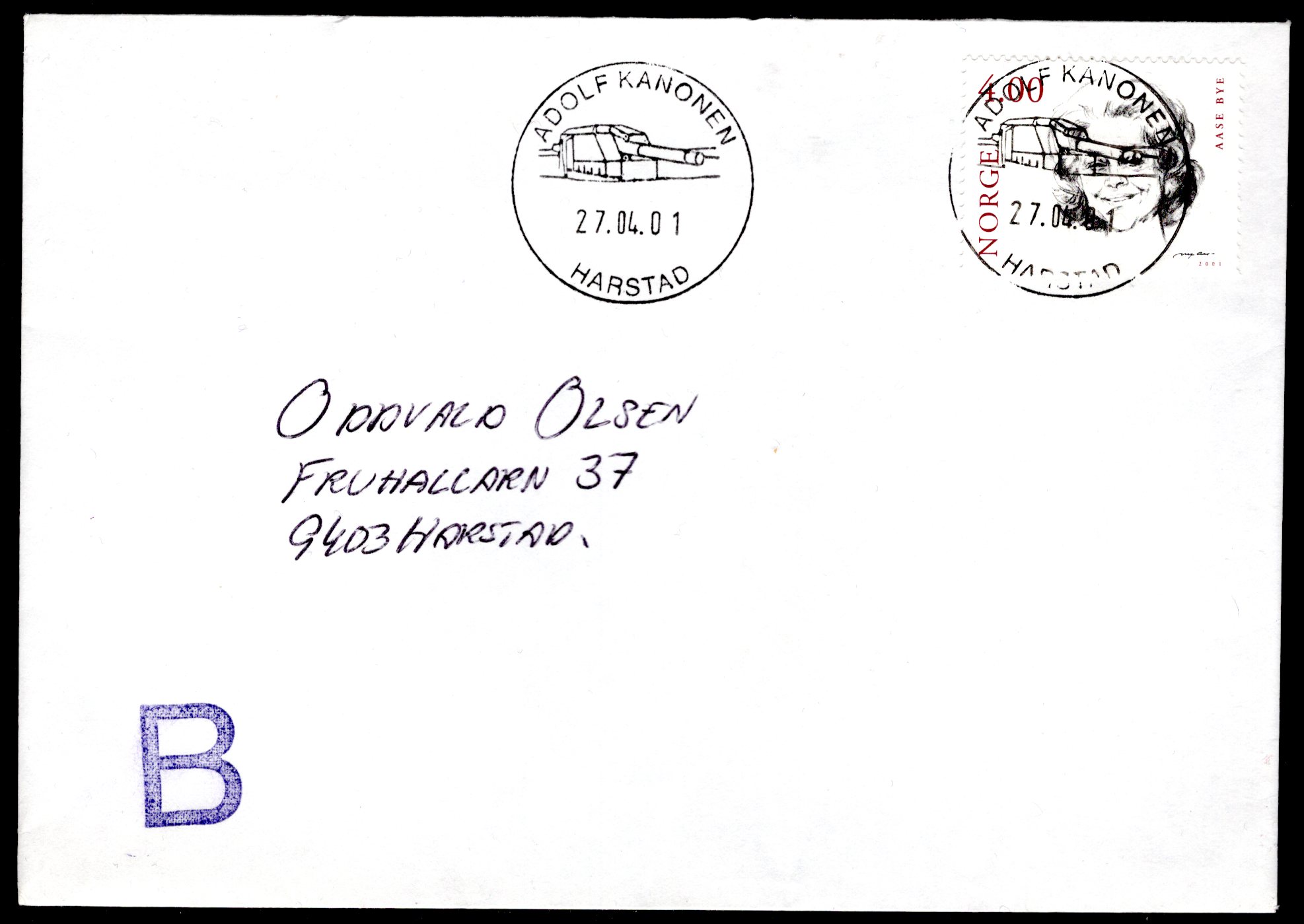 brev praktstemplet Adolf Kanonen Harstad 2001 se scan