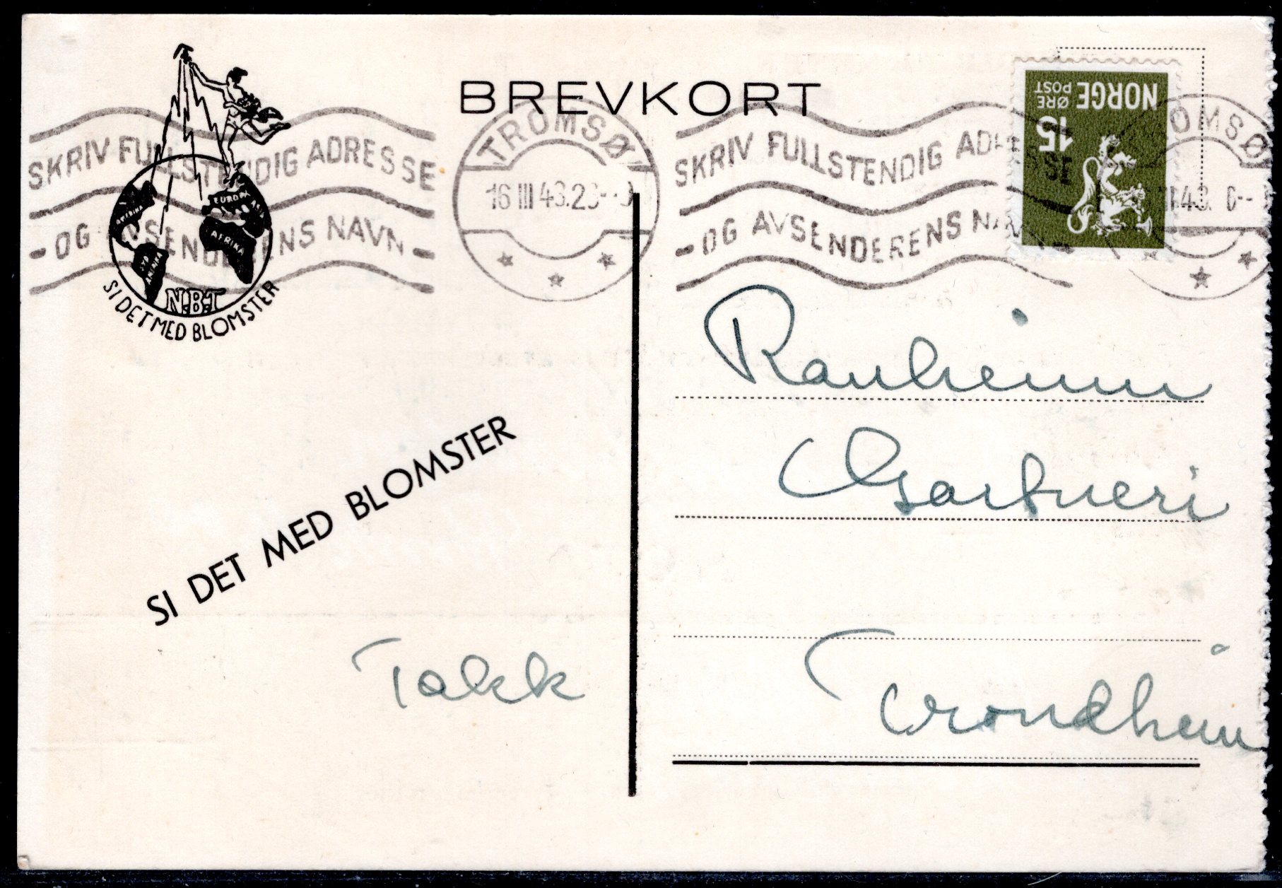 brevkort tekststemplet Tromsø 1943 se scan