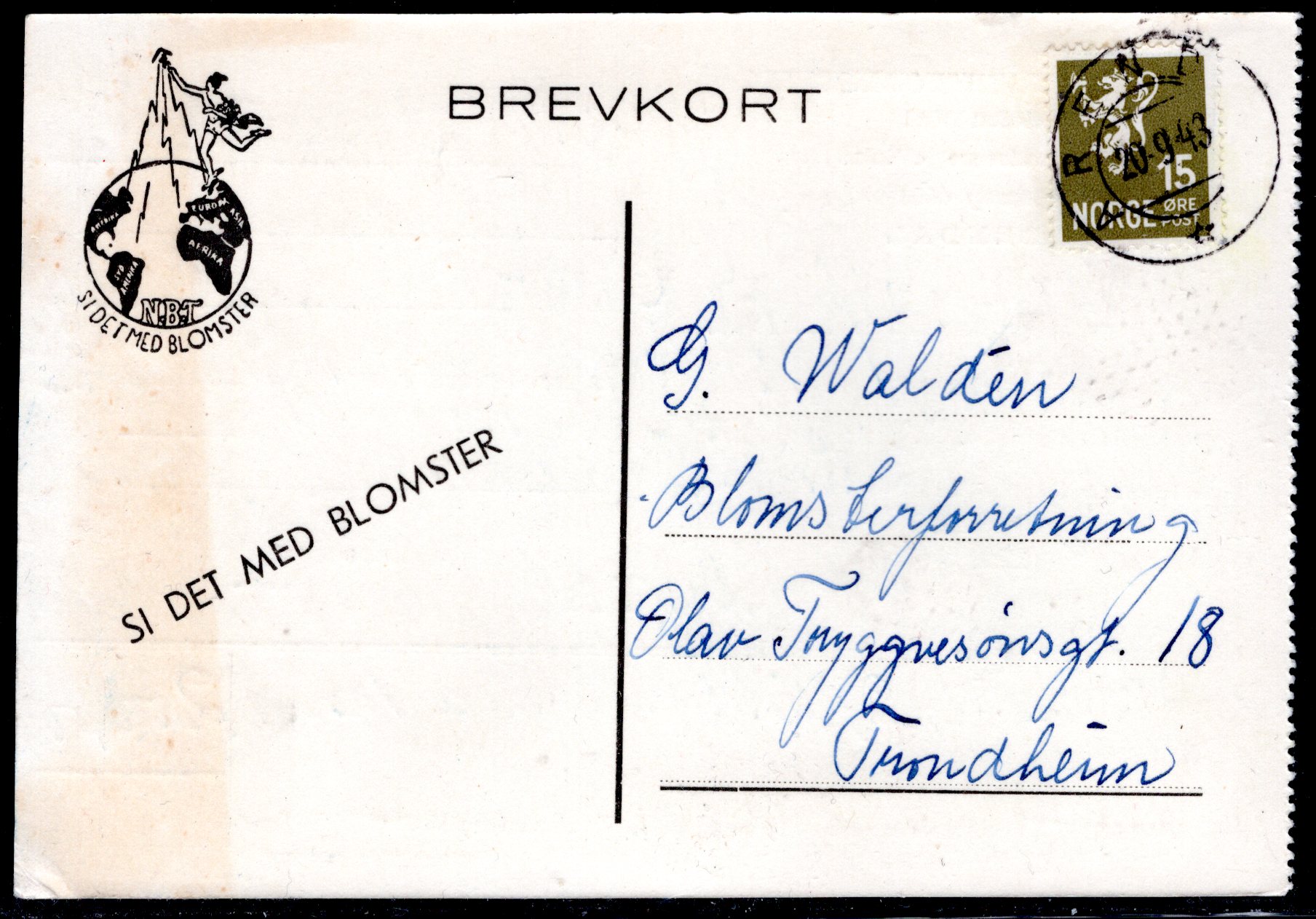 brevkort stemplet Arendal 1943 se scan