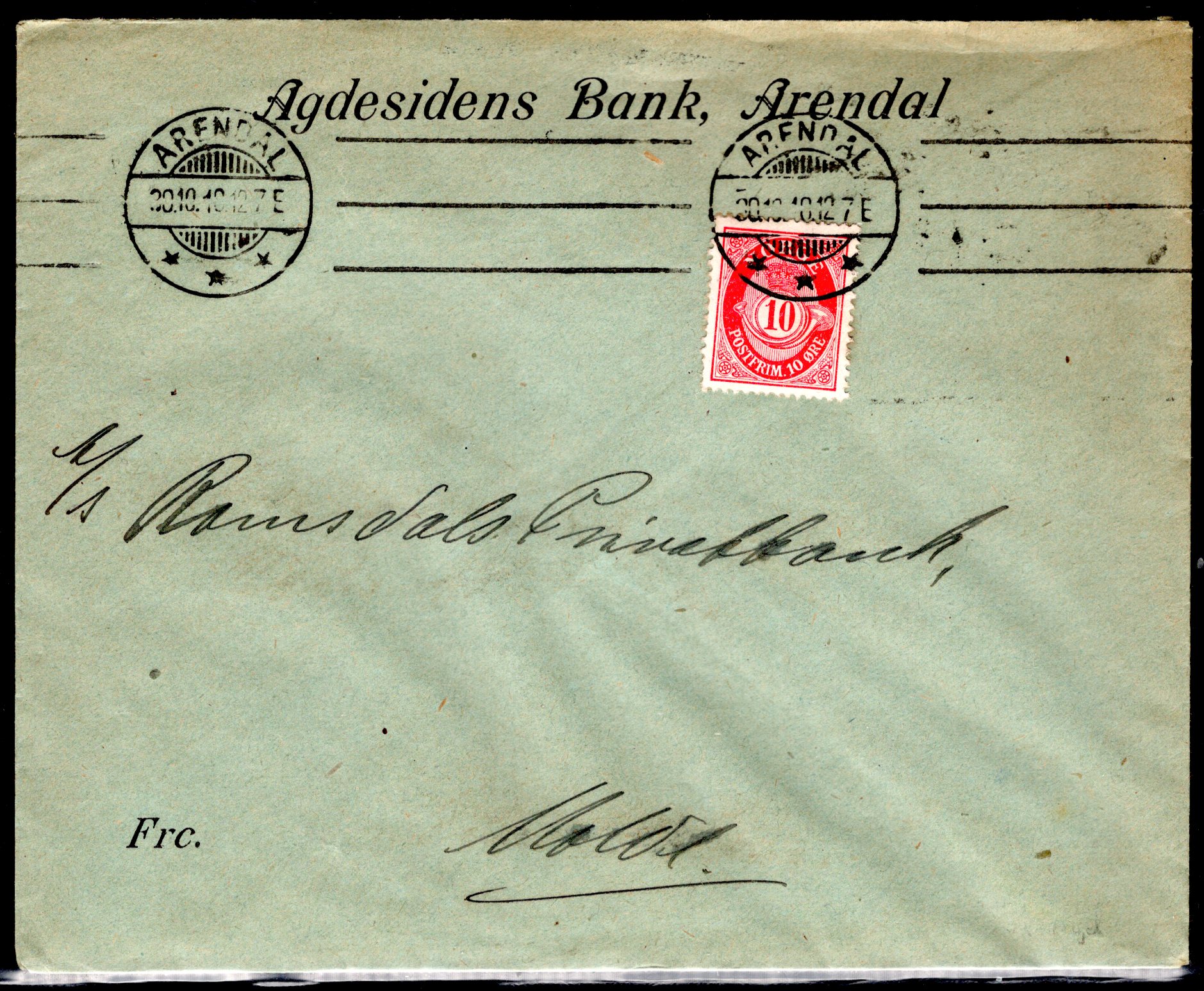Firmabrev  stemplet Arendal 1910 se scan