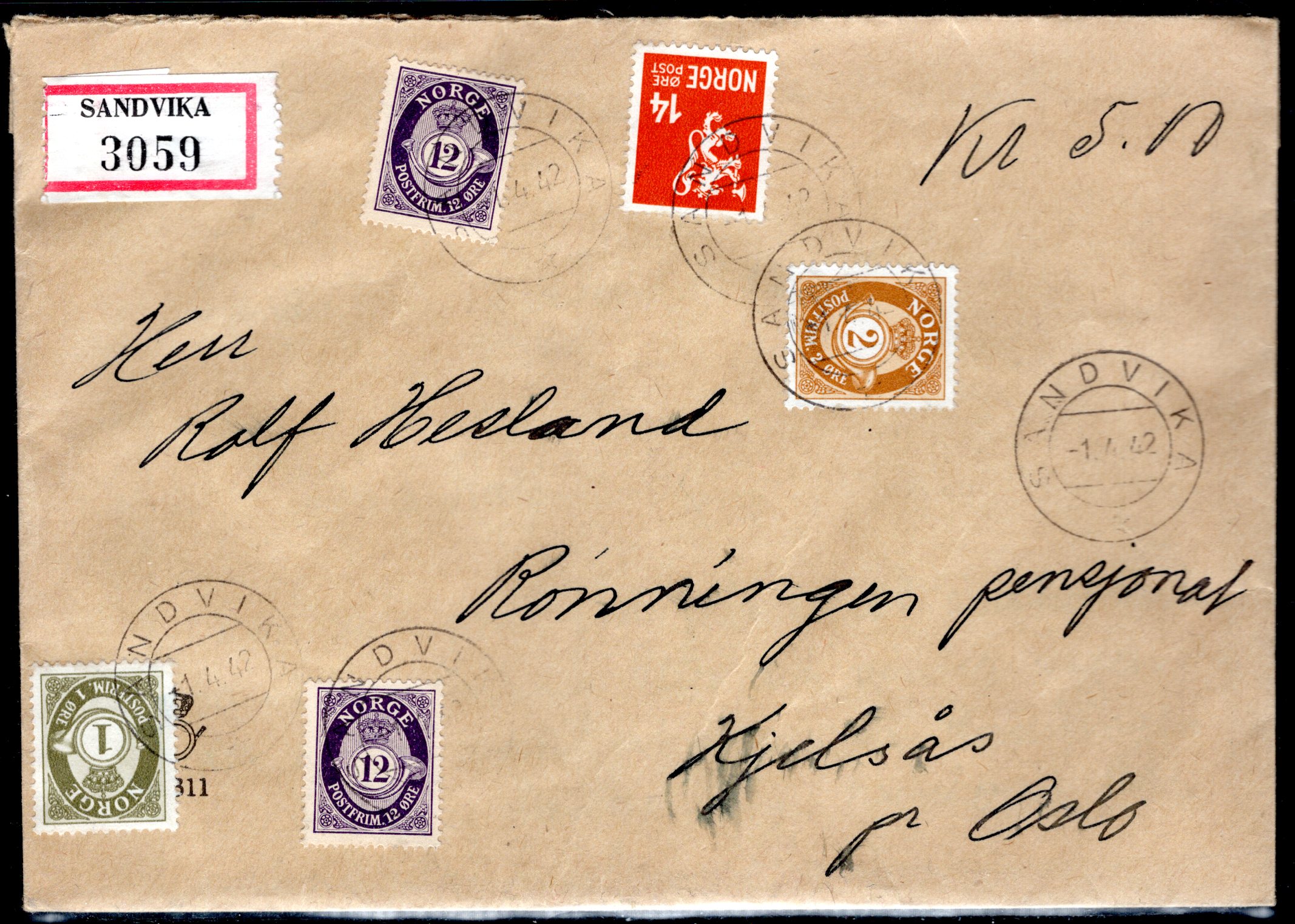 Flott frankert Rekbrev stempl Sandvika 1942 + blått nrst 2202 se scan