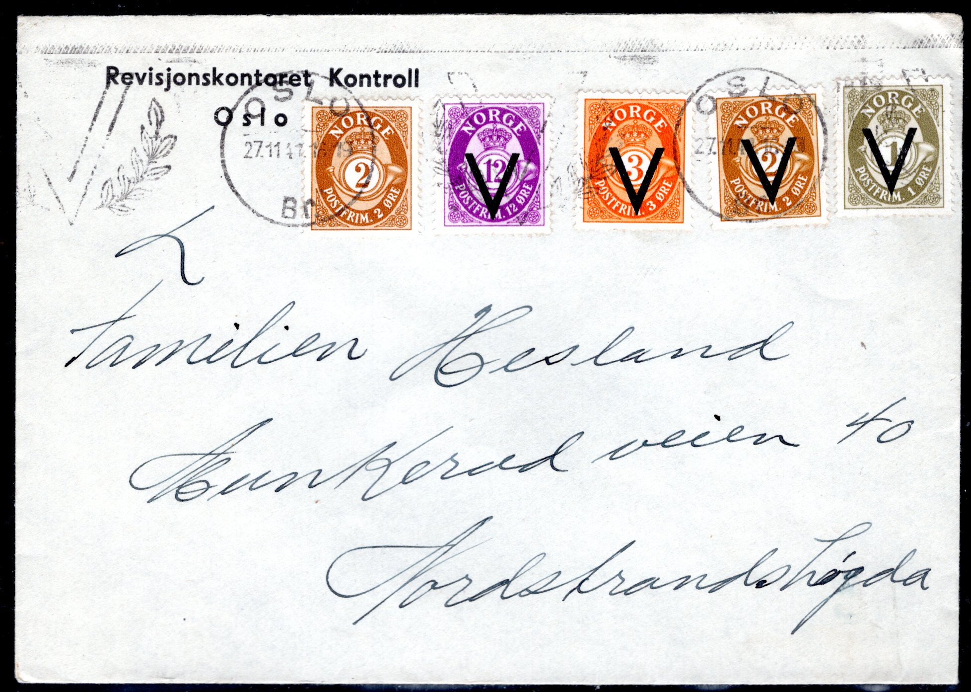 Flott frank brev m/div småvalører V-merker teksstst Oslo 1941 se scan