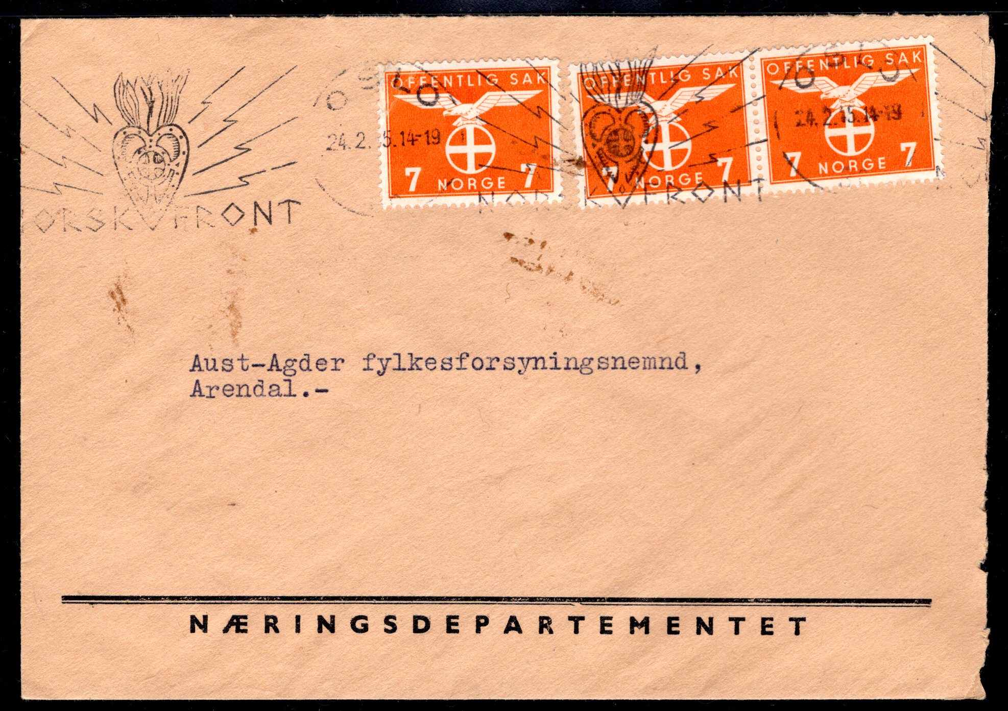 tjenestebrev m/3 str TJ 49 pent tekststempl Oslo Norsk Front se scan