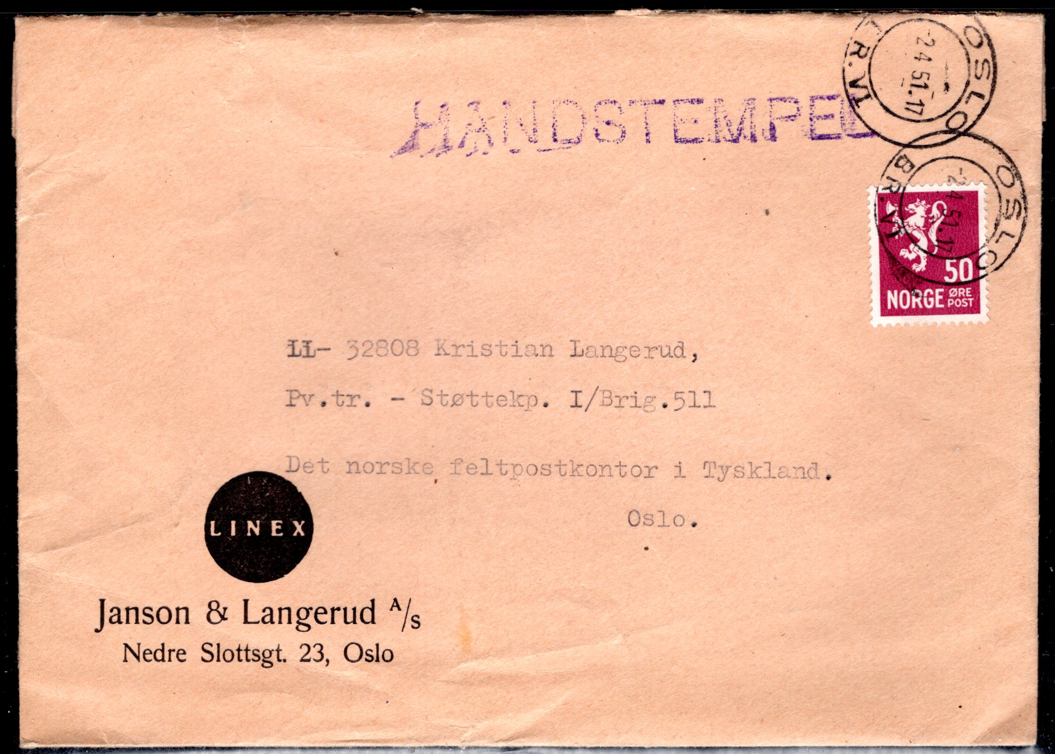 Firmabrev stemplet Oslo 1952 se scan