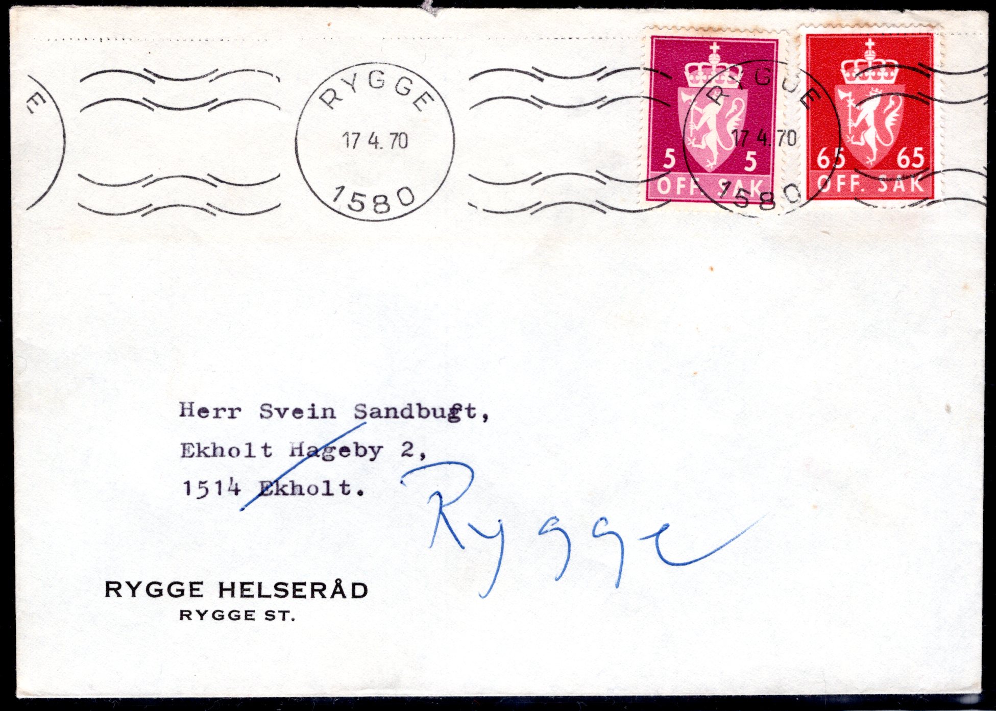 Tjenestebrev stemplet Rygge 1970 se scan
