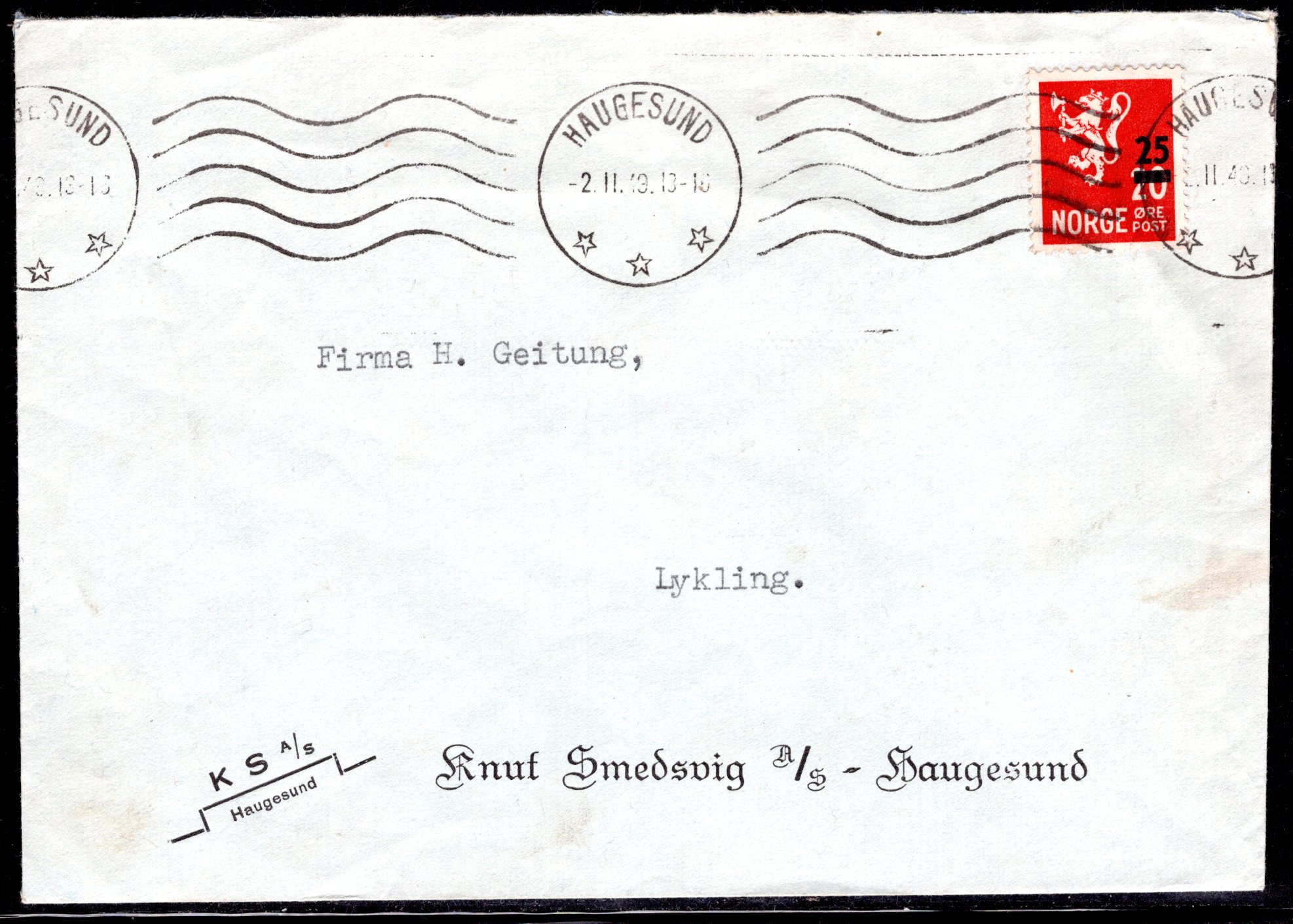 Firmabrev stemplet Haugesund 1949 se scan
